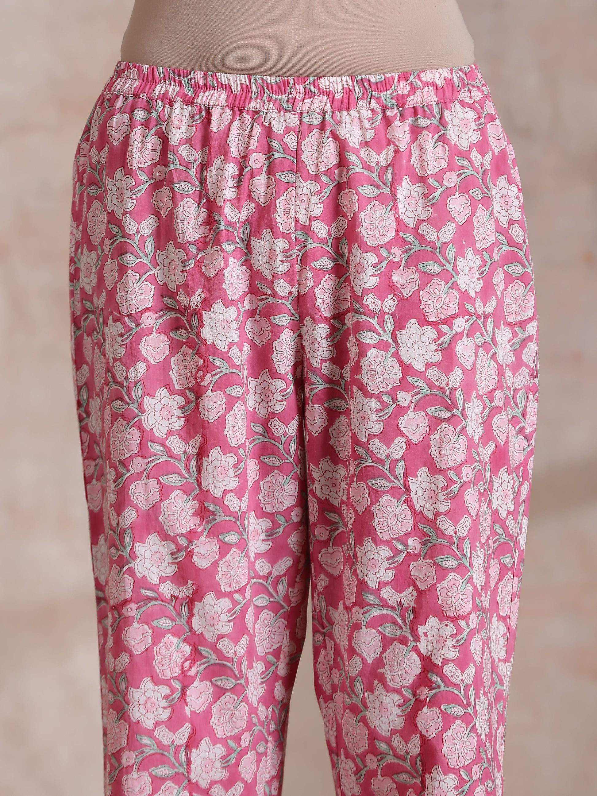 trueBrowns Pink Green Floral On White Block Print Cotton Sleeveless Flared Kurta Pant Set | Swadesiicart