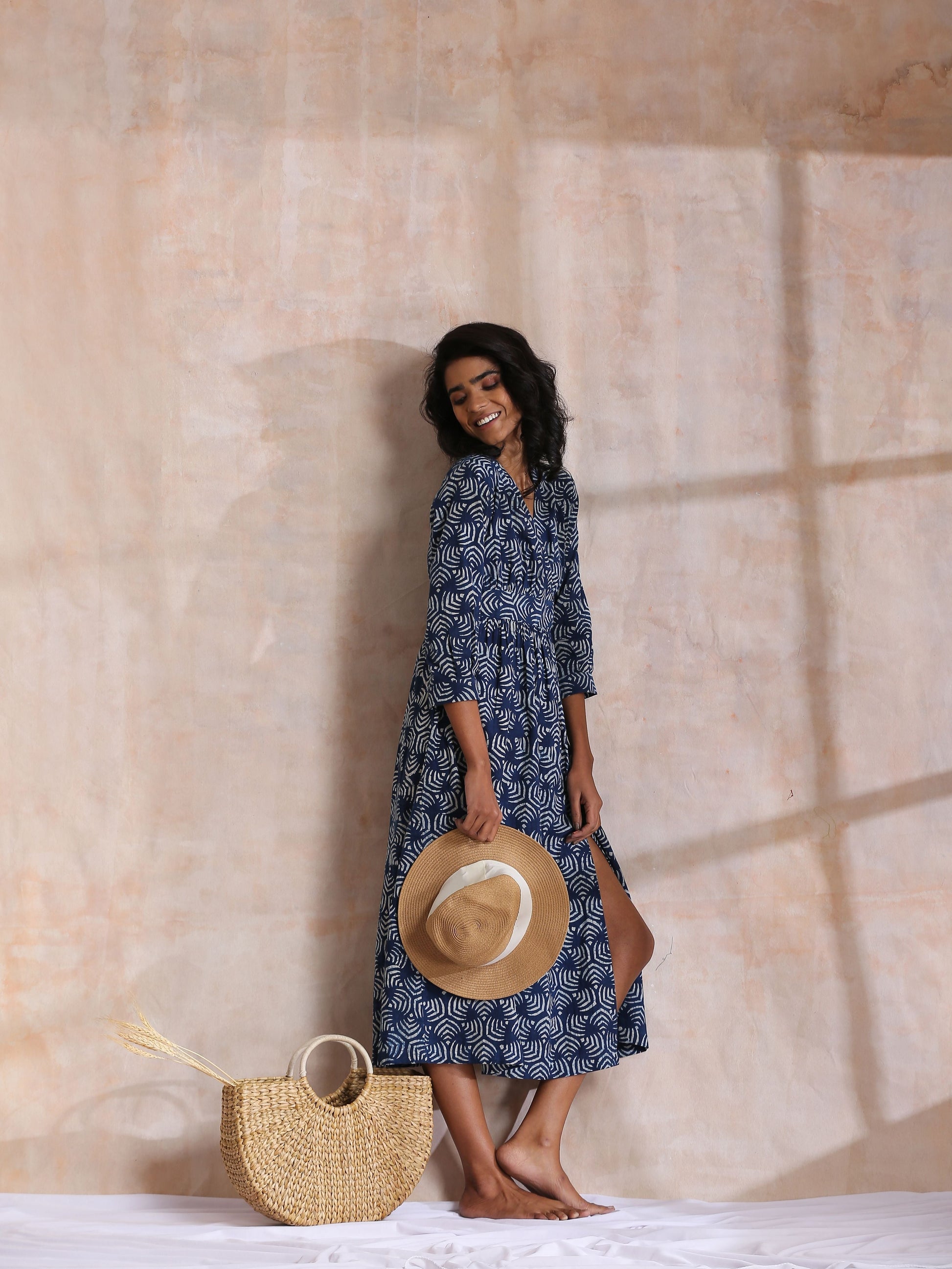 trueBrowns Indigo Dabu Overall Print Cotton Wrap Dress | Swadesiicart