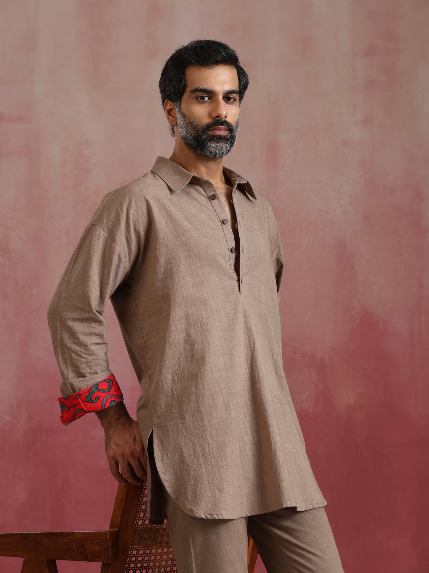 trueBrowns Men's Grey Cotton Shirt Collar Stylized Kurta Co-ord set - Swadesiicart