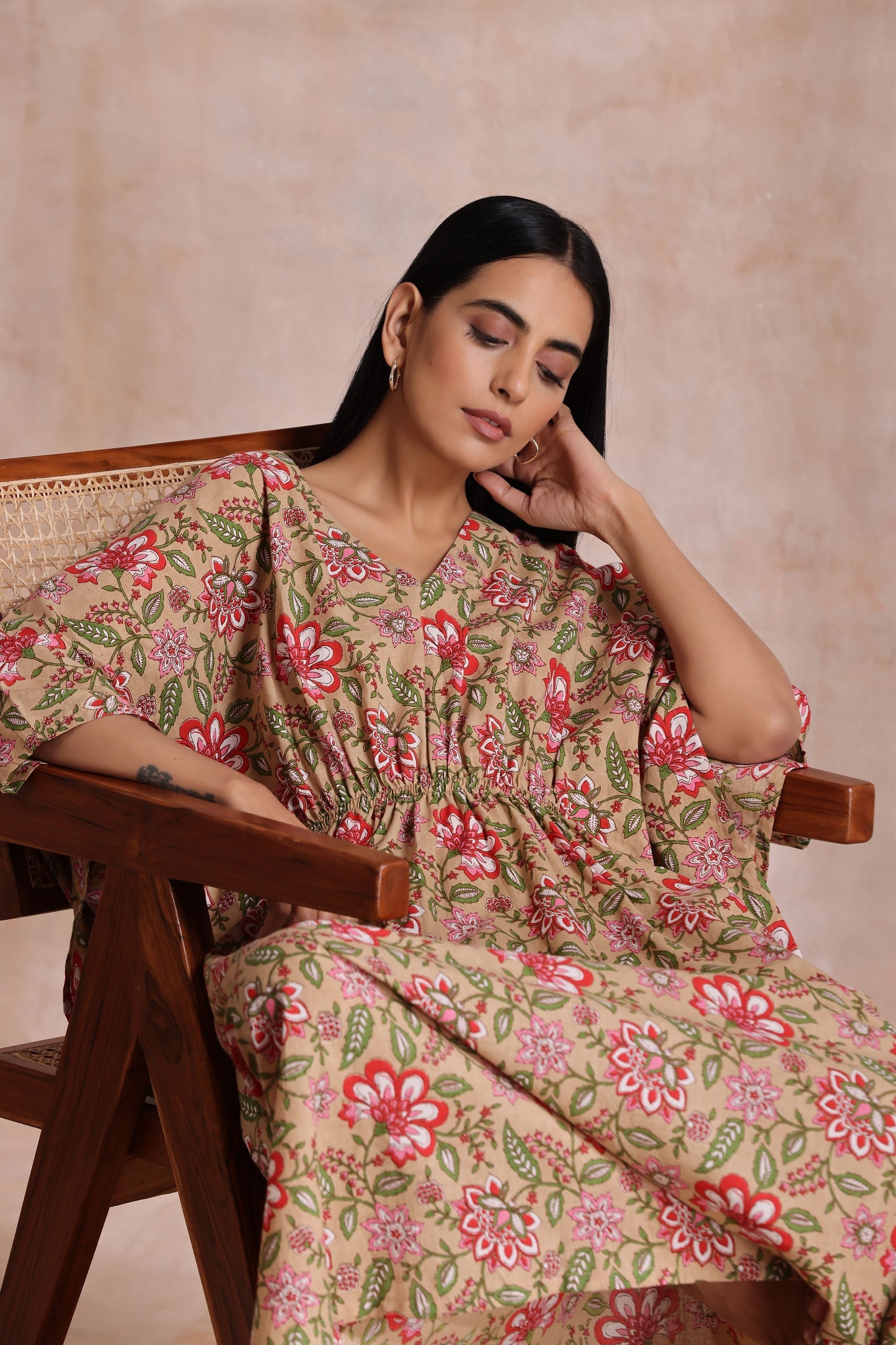 trueBrowns Beige Overall Big Floral Block Print Cotton Kaftan Dress | Swadesiicart