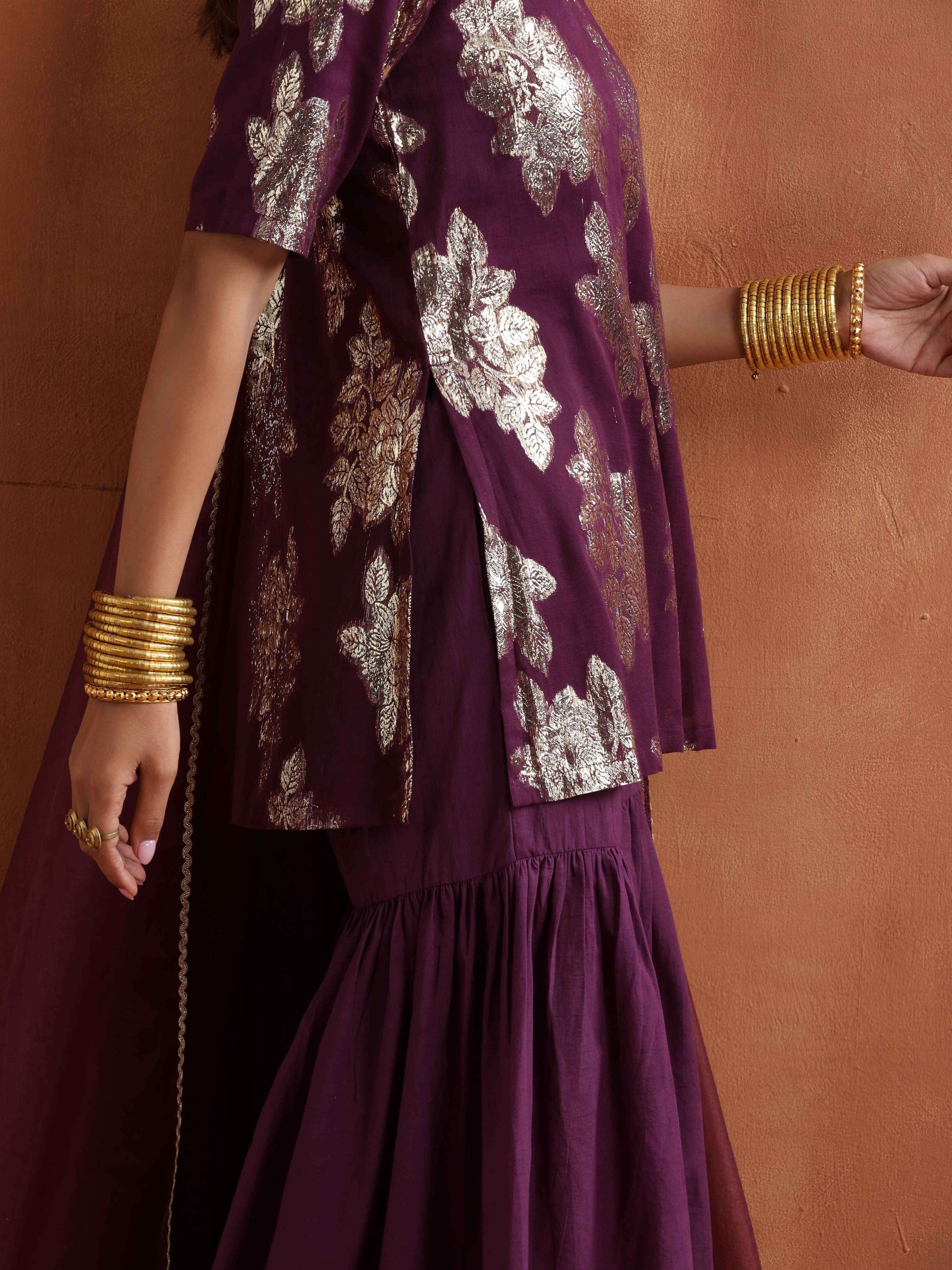 trueBrowns Purple Metallic Sharara Dupatta Set | Swadesiicart