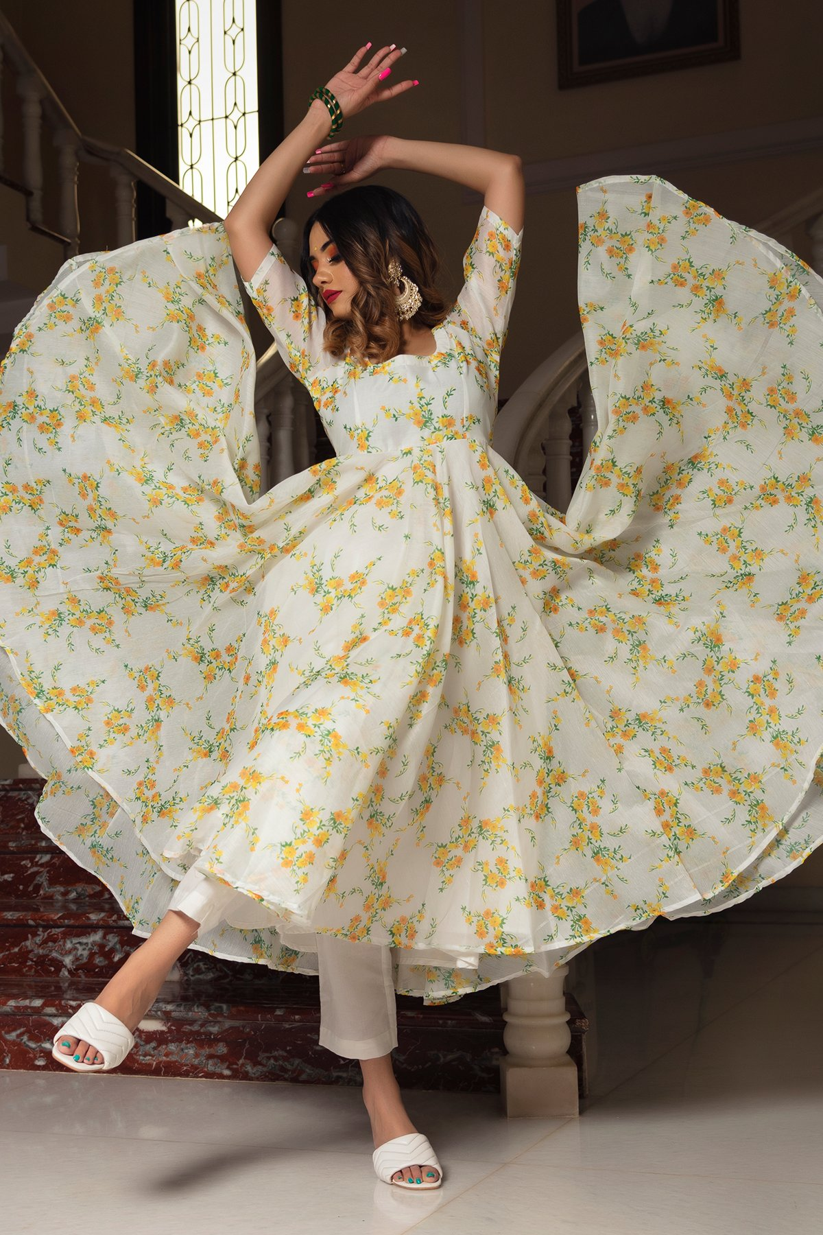 Pomcha Jaipur Yellow Phool Organza Anarkali Set | Swadesiicart
