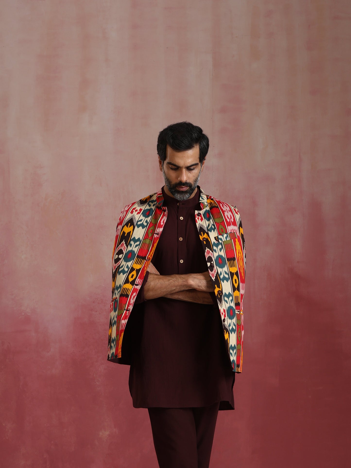 trueBrowns Men's Cola Ikat Print Cotton Reversible Nehru Jacket | Swadesiicart