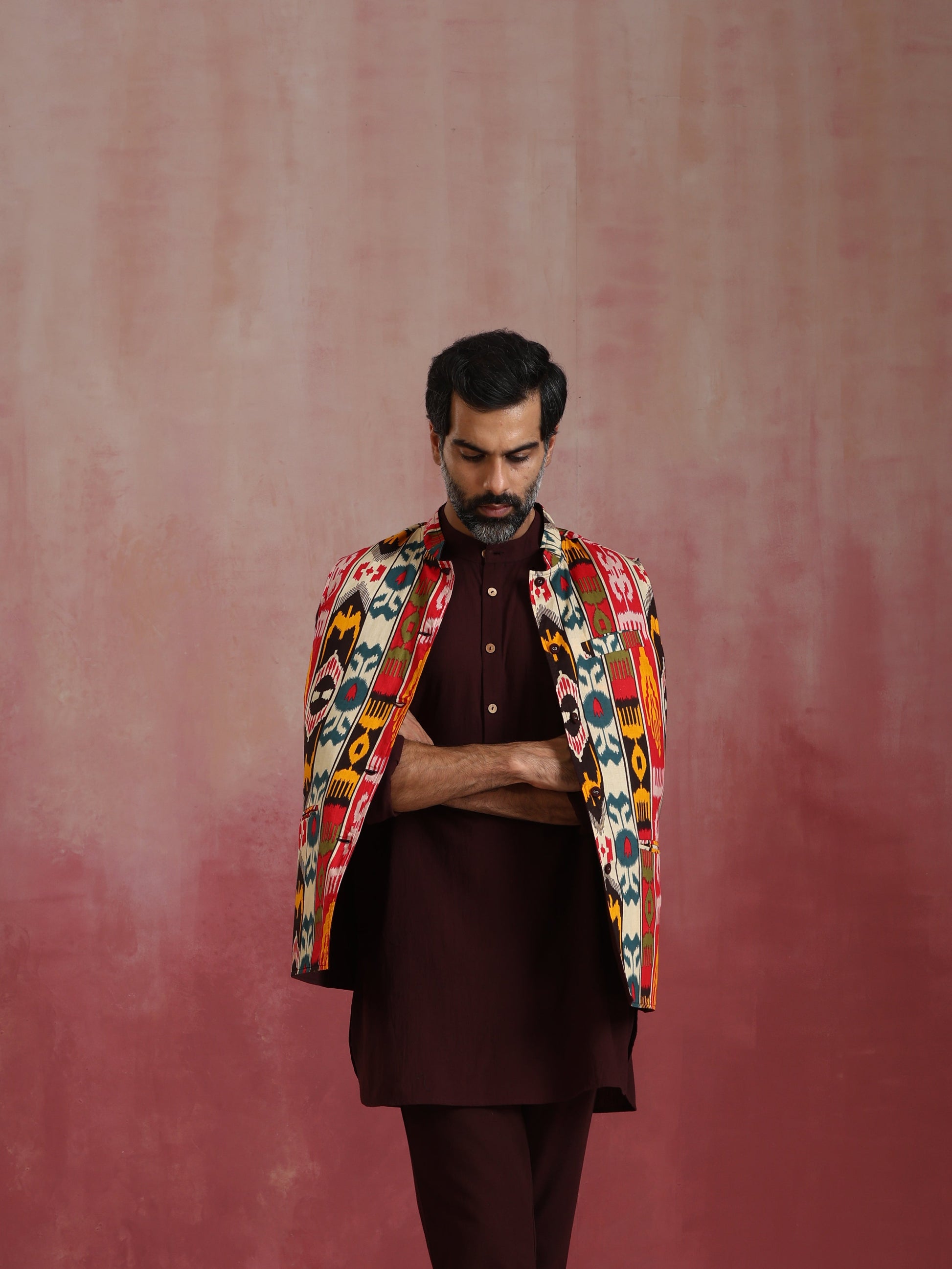 trueBrowns Men's Cola Ikat Print Cotton Reversible Nehru Jacket | Swadesiicart
