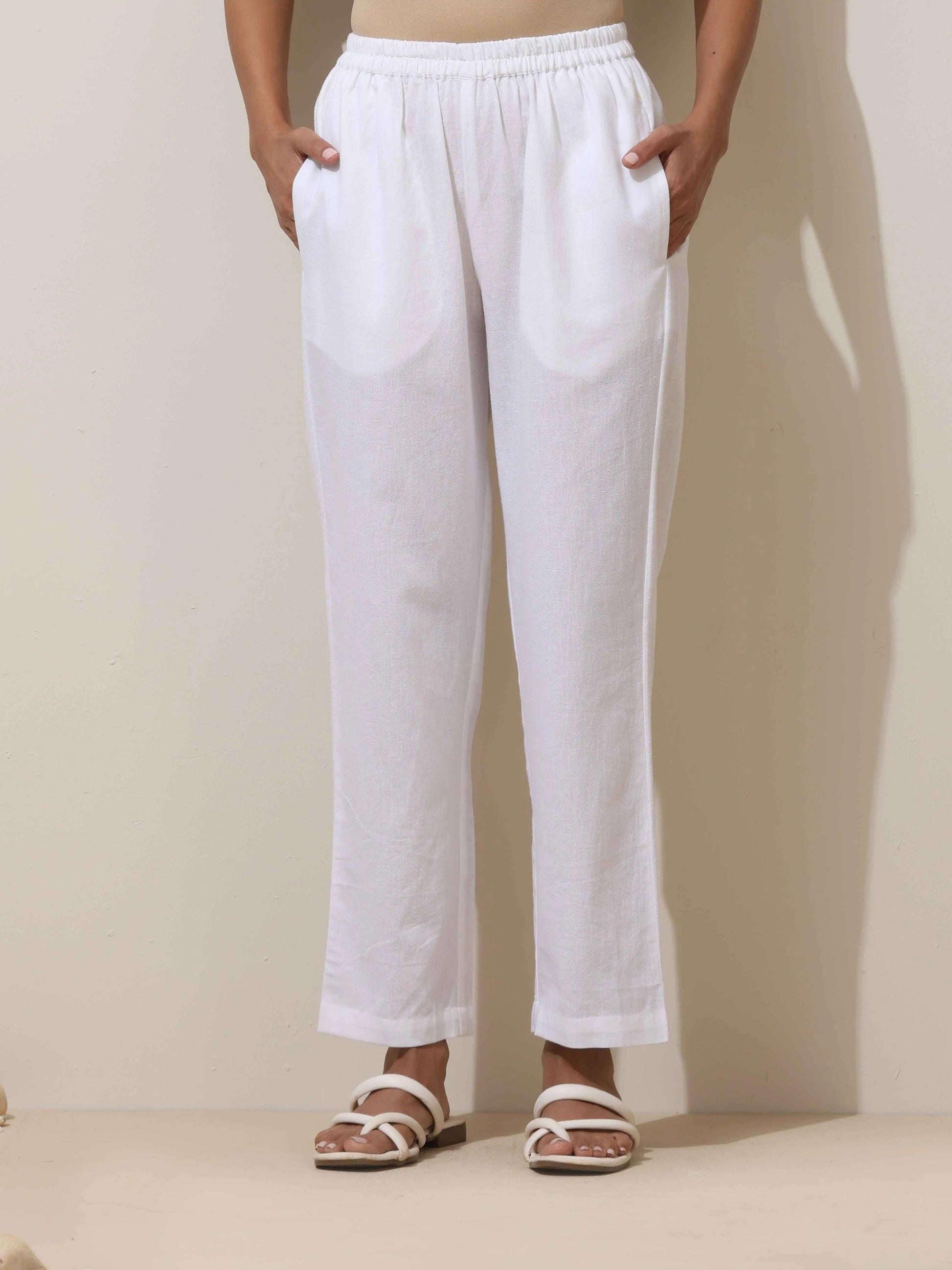 trueBrowns White Cotton Linen Kurta Pant Set | Swadesiicart