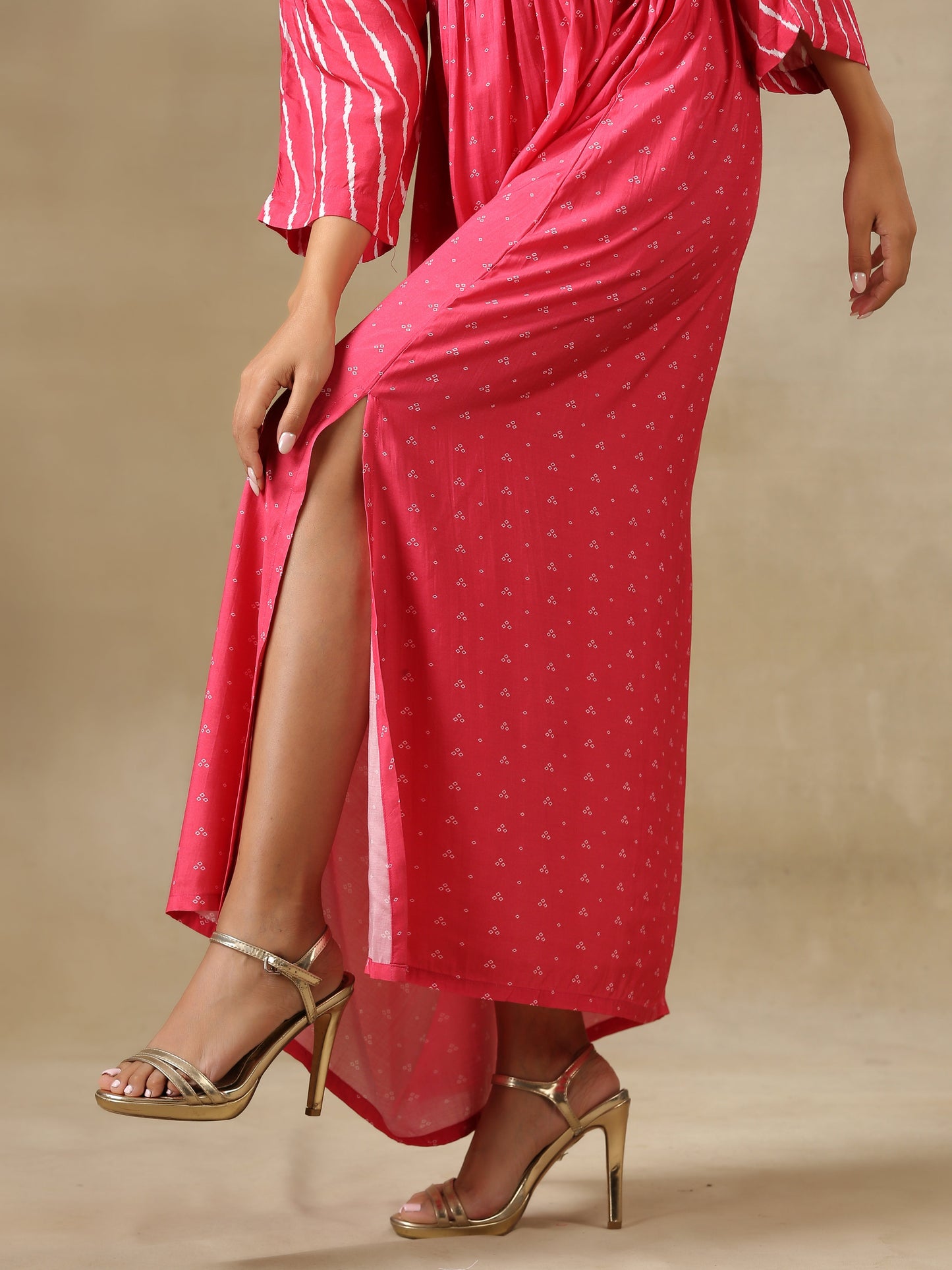 trueBrowns Pink Bandhani Printed Silk Drop Shoulder Dress | Swadesiicart