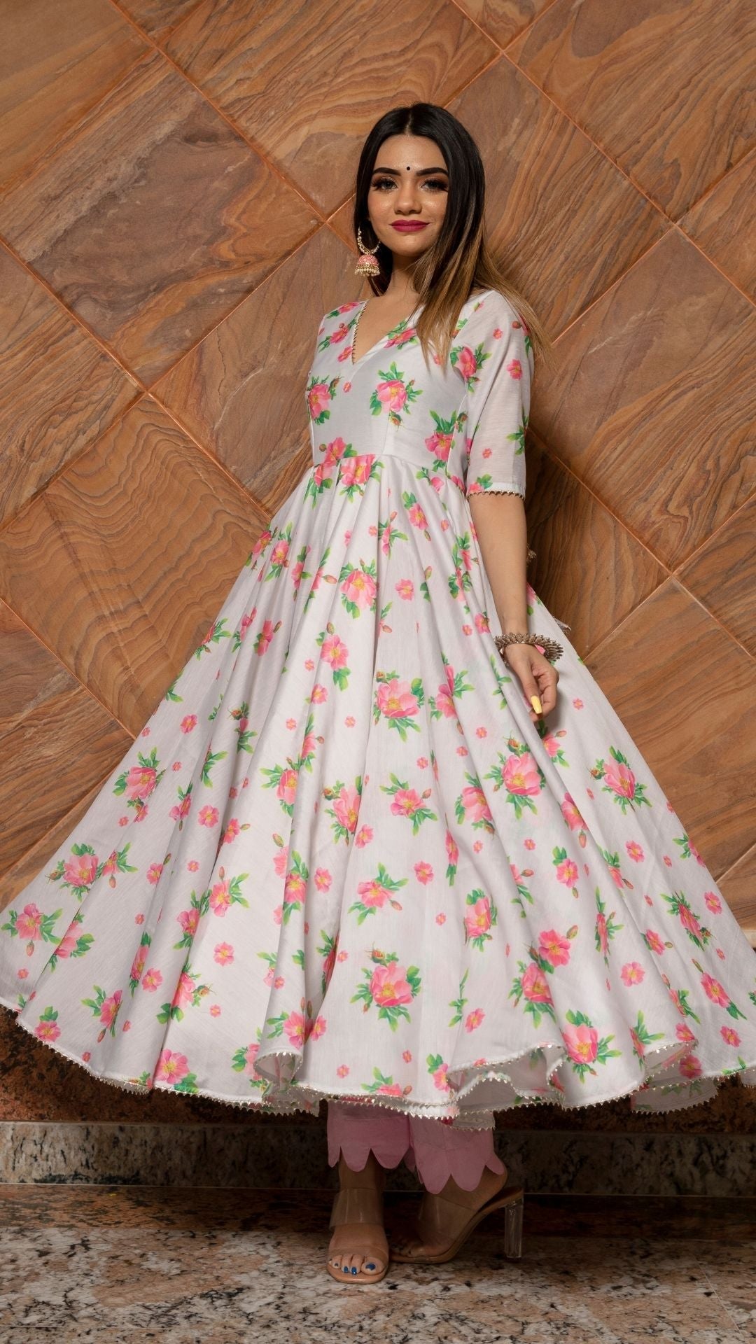 Pomcha Jaipur Flamingo Chandheri Anarkali Set | Swadesiicart