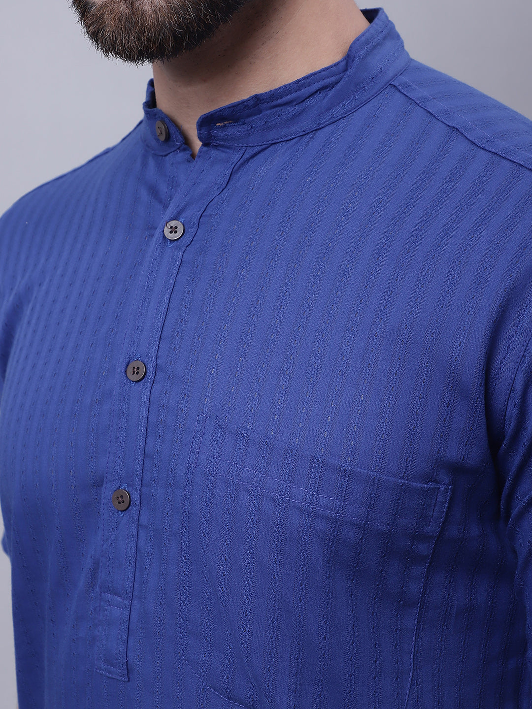 Even Apparels Blue Pure Cotton Short Sleeves Kurta With Band Collar | Swadesiicart