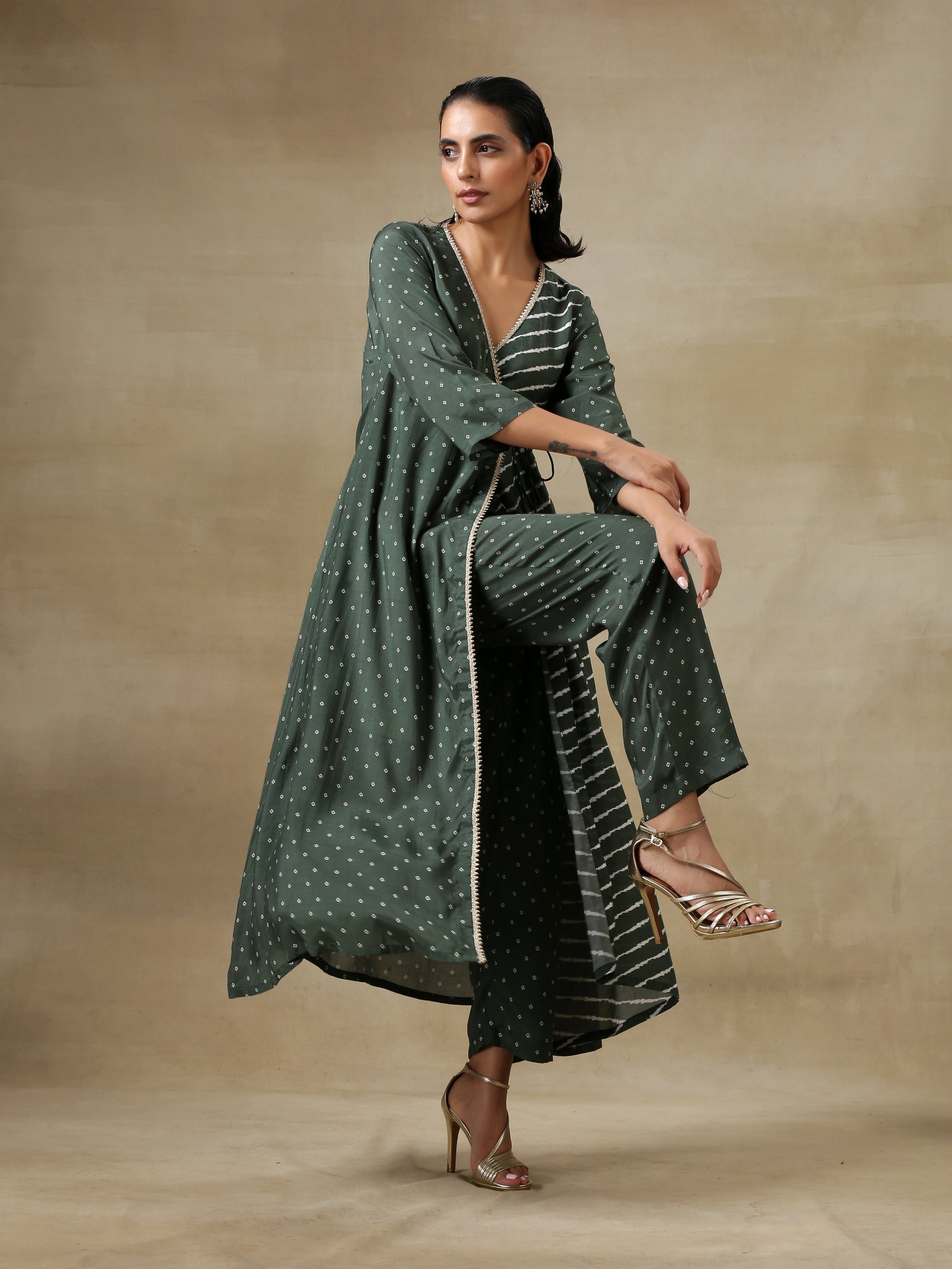 trueBrowns Dark Green Bandhani Printed Silk Angrakha Kurta Pant Set | Swadesiicart