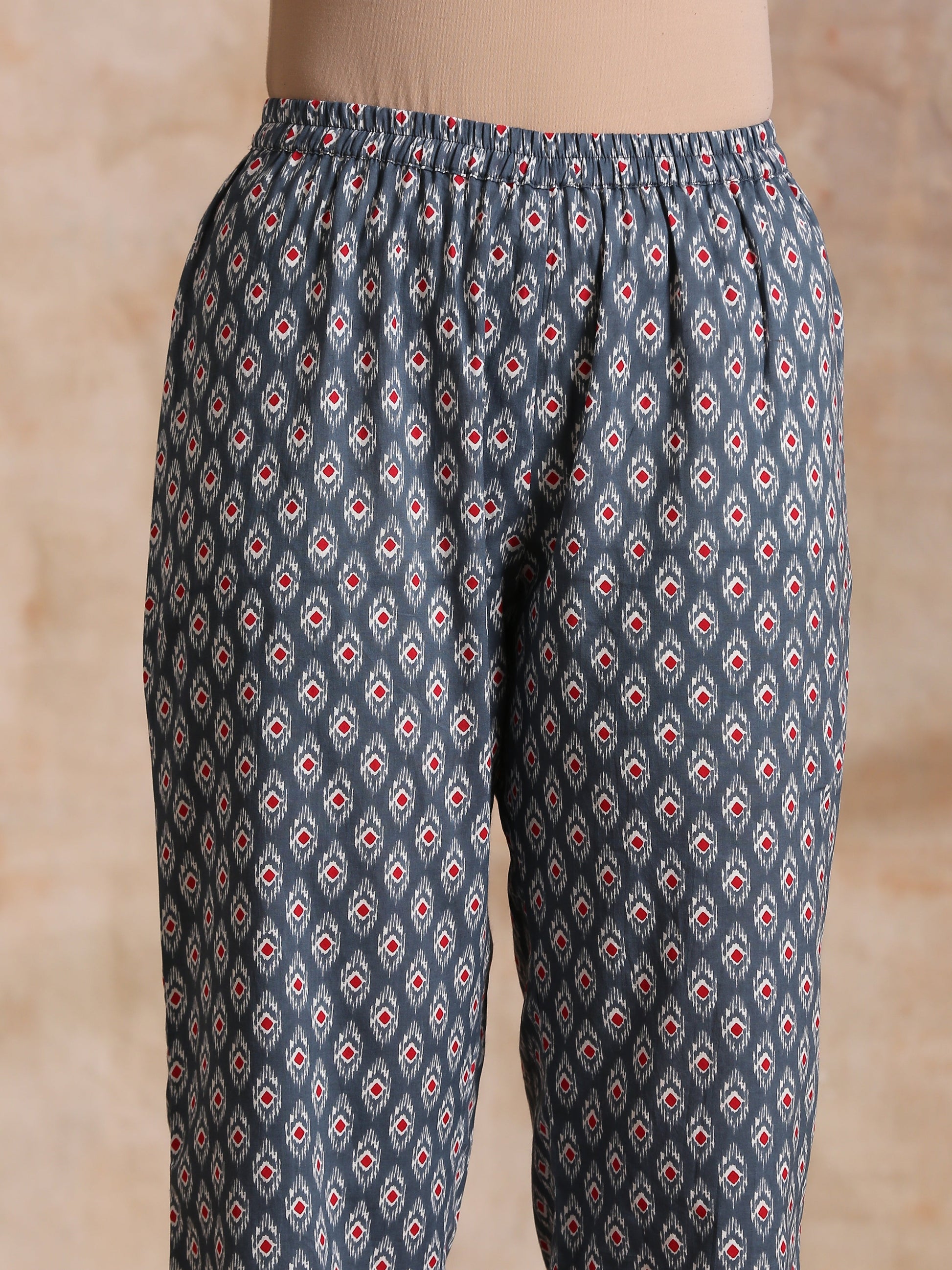 trueBrowns Steel Grey Ikat Print Cotton Gathers Co-Ord Set - Swadesiicart