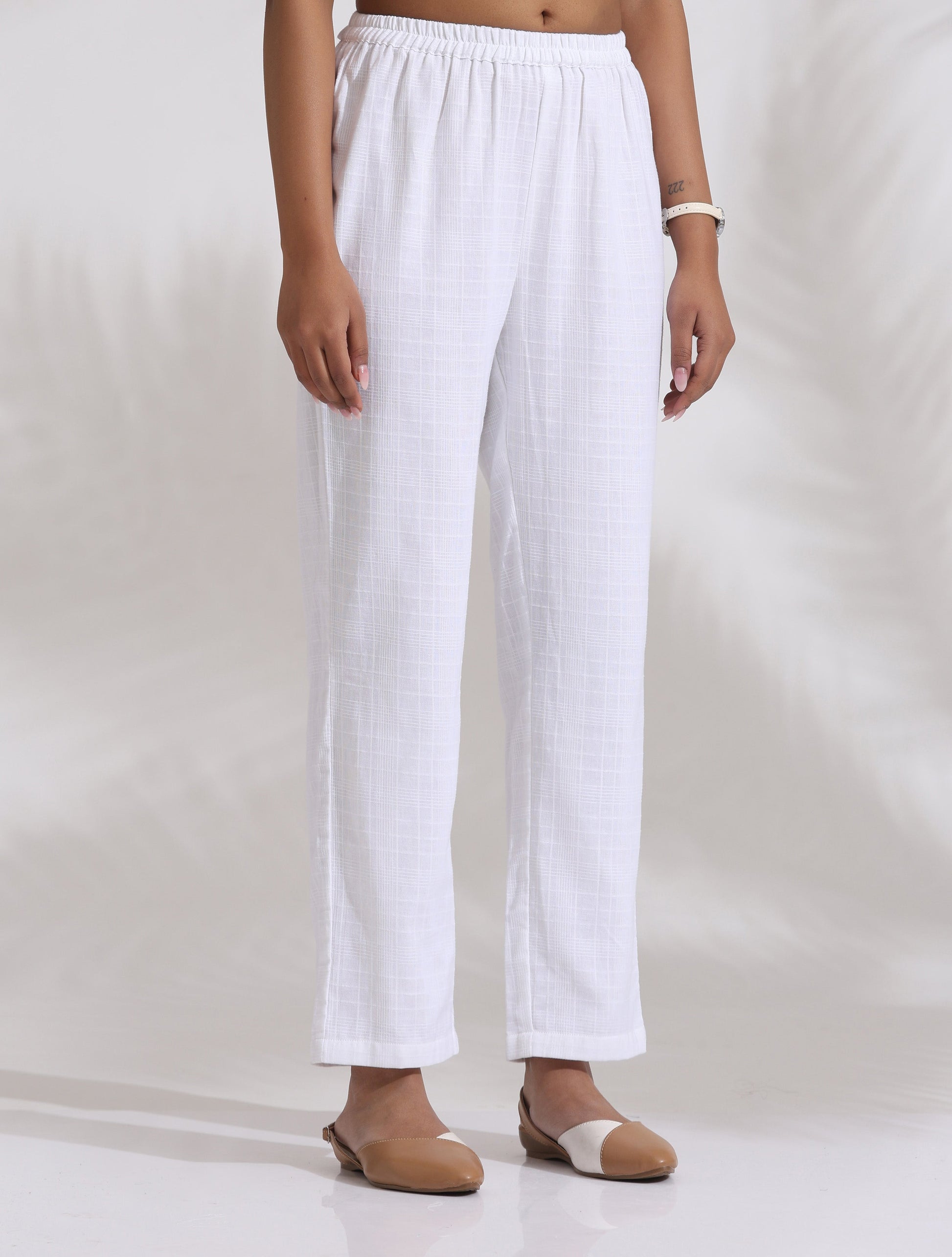 trueBrowns White Cotton Check Kurta Co-ord Set - Swadesiicart