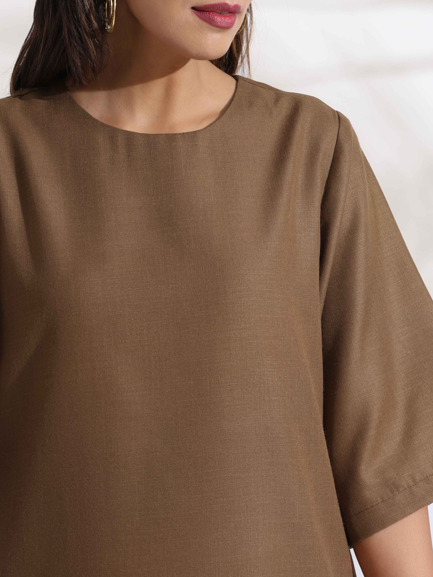 trueBrowns Brown Slub Dress | Swadesiicart