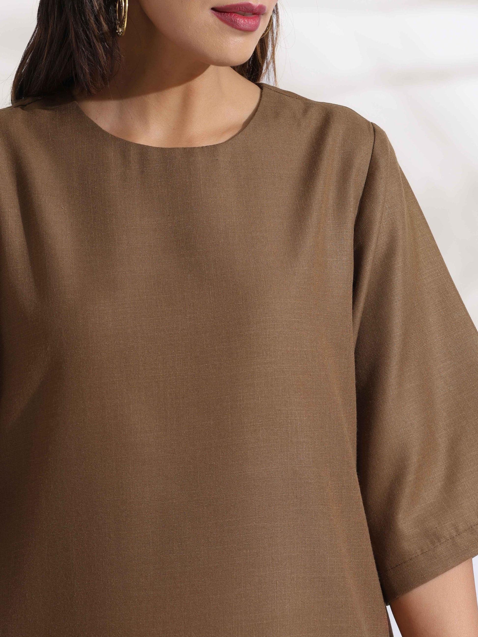 trueBrowns Brown Slub Dress | Swadesiicart
