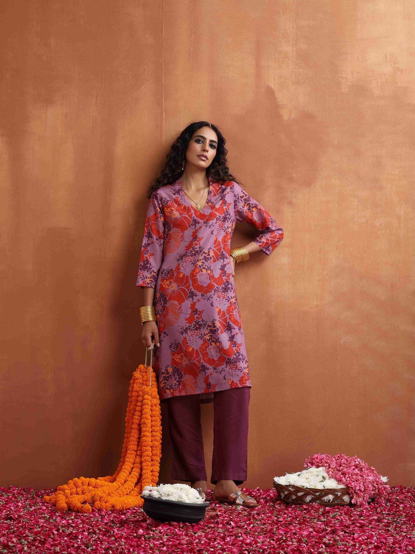 trueBrowns Purple Print Kurta Co-ord Set - Swadesiicart