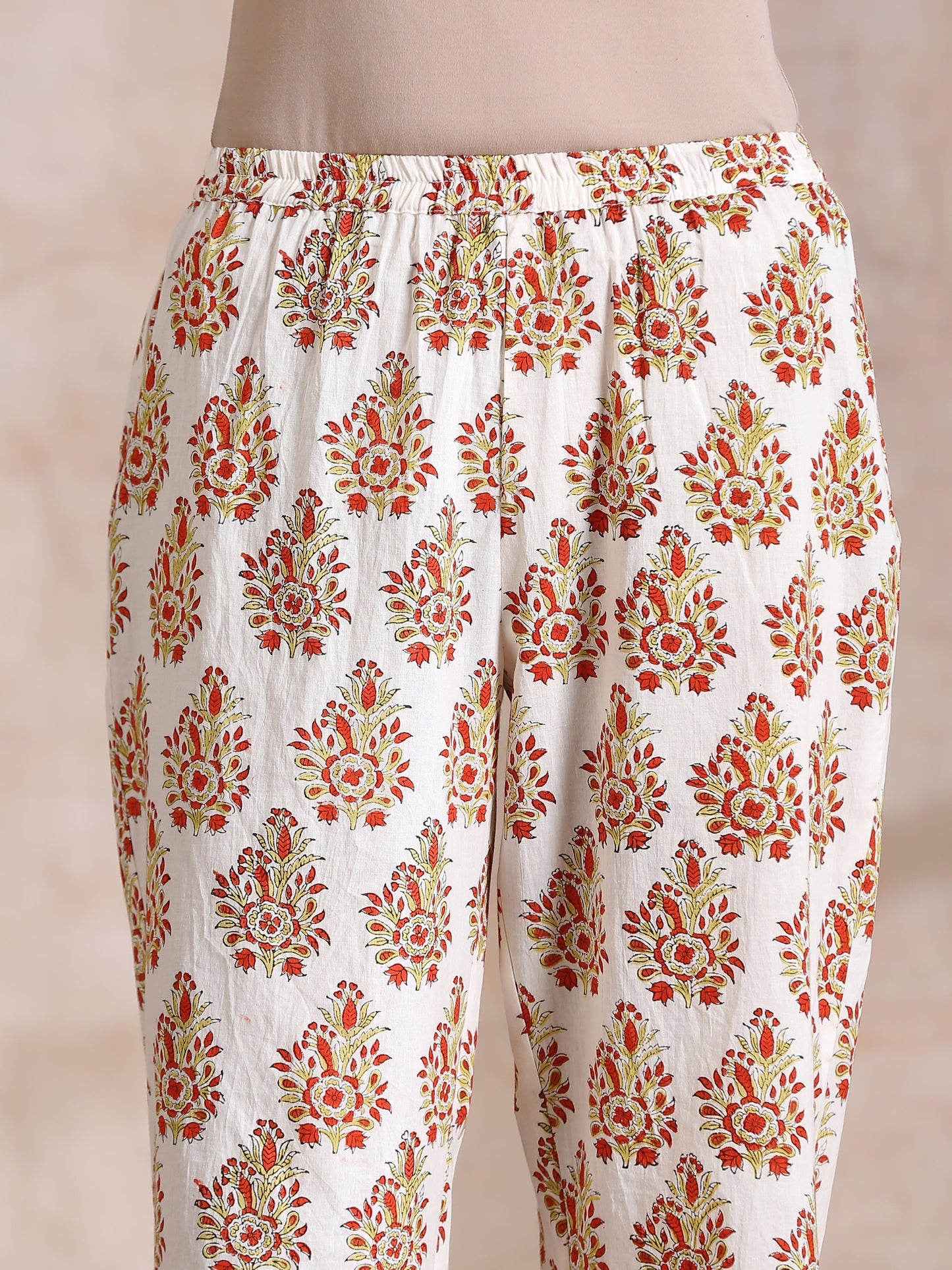 trueBrowns Yellow Overall Floral Block Print Cotton Sleeveless Kurta Pant Set | Swadesiicart