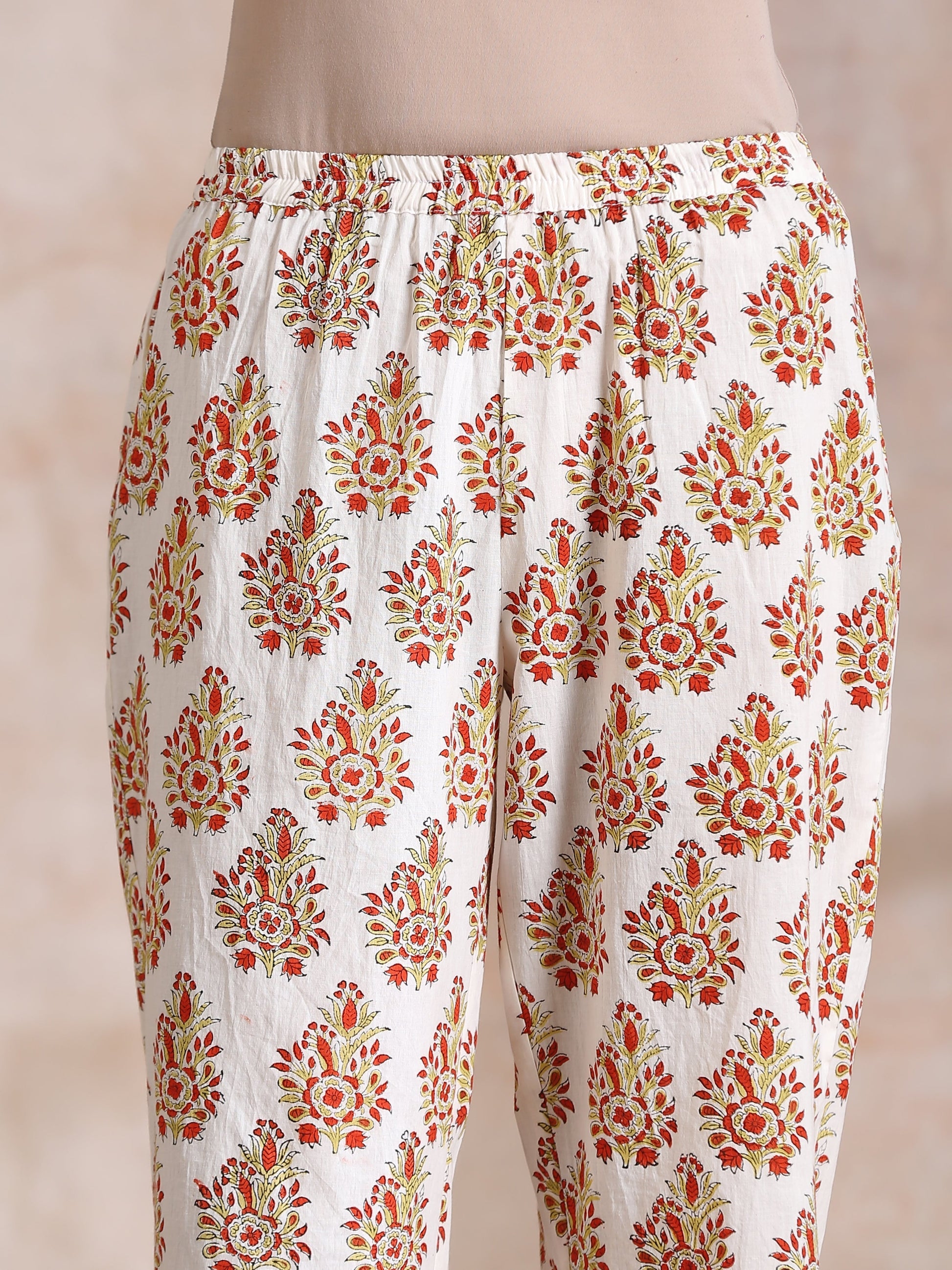 trueBrowns Yellow Overall Floral Block Print Cotton Sleeveless Kurta Pant Set | Swadesiicart