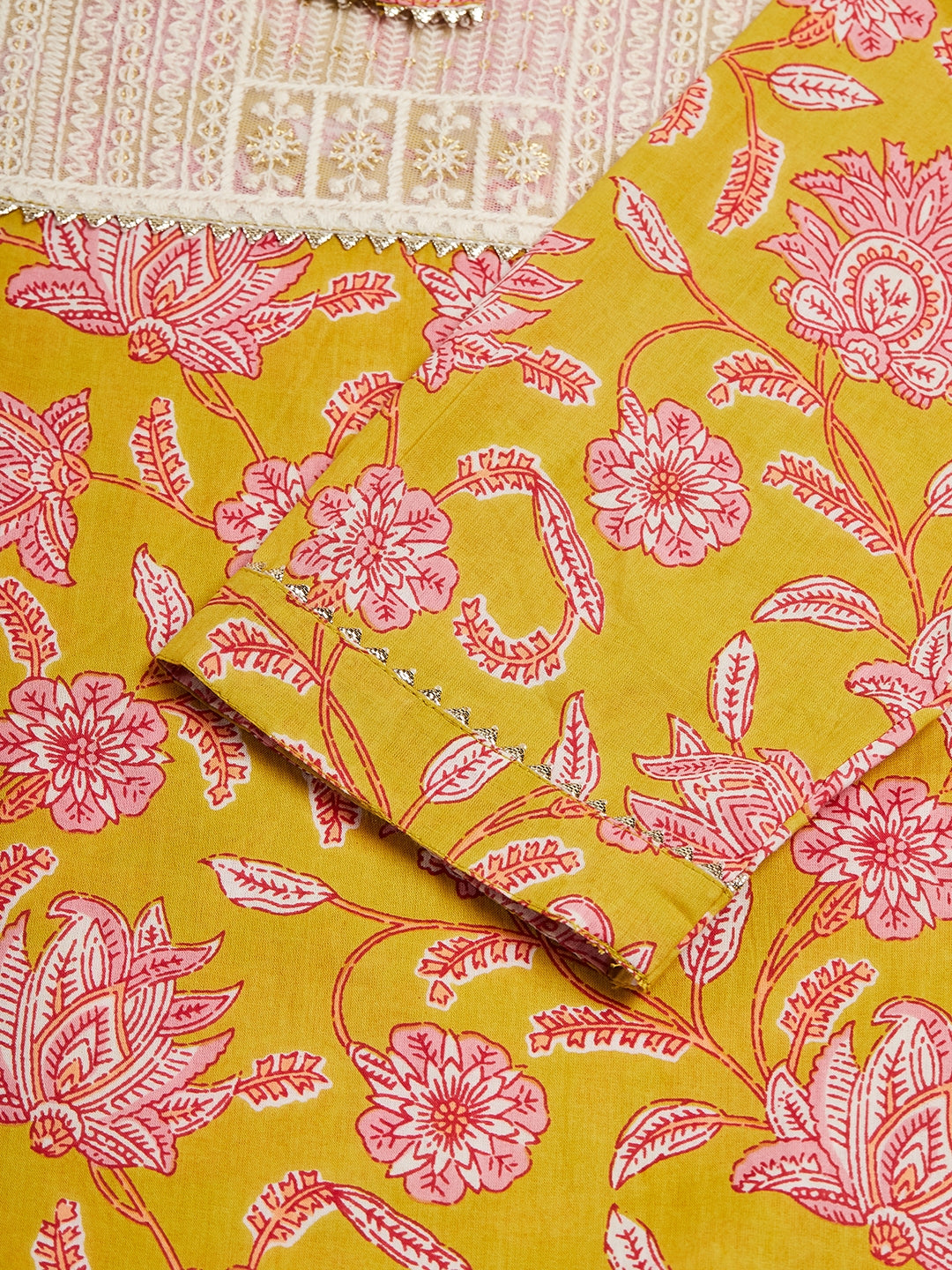 InWeave Women's Lime Pink Print Patch Cotton Straight Kurta - Swadesiicart