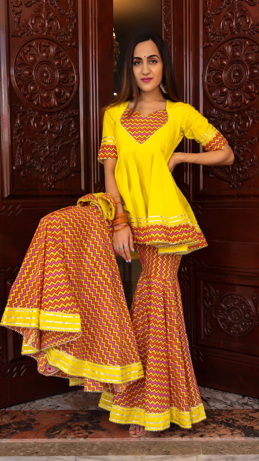 Pomcha Jaipur Tuscan Yellow Cotton Sharara Set | Swadesiicart