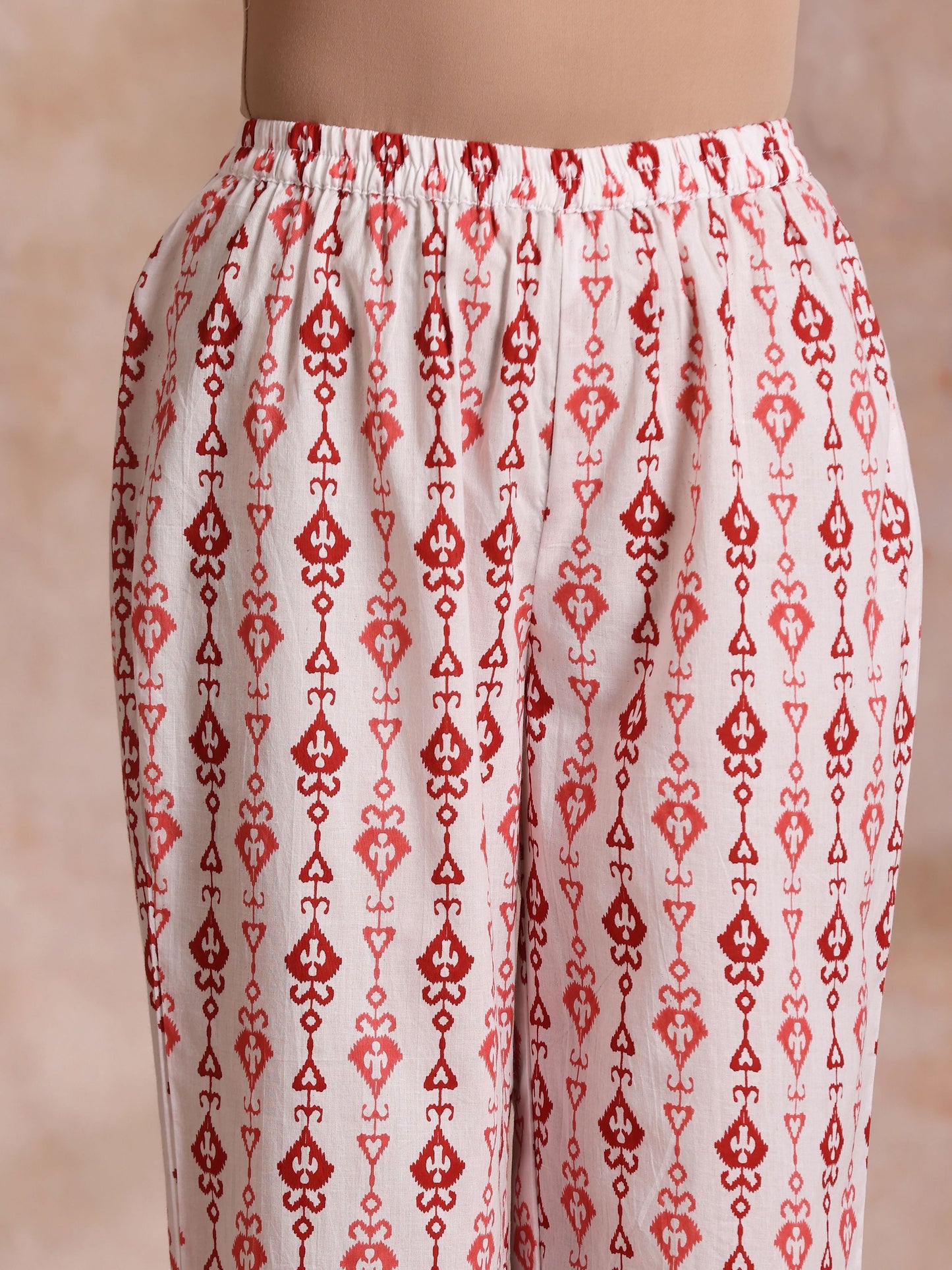 trueBrowns Red On Red Ikat Print Cotton Kurta Pant Set | Swadesiicart