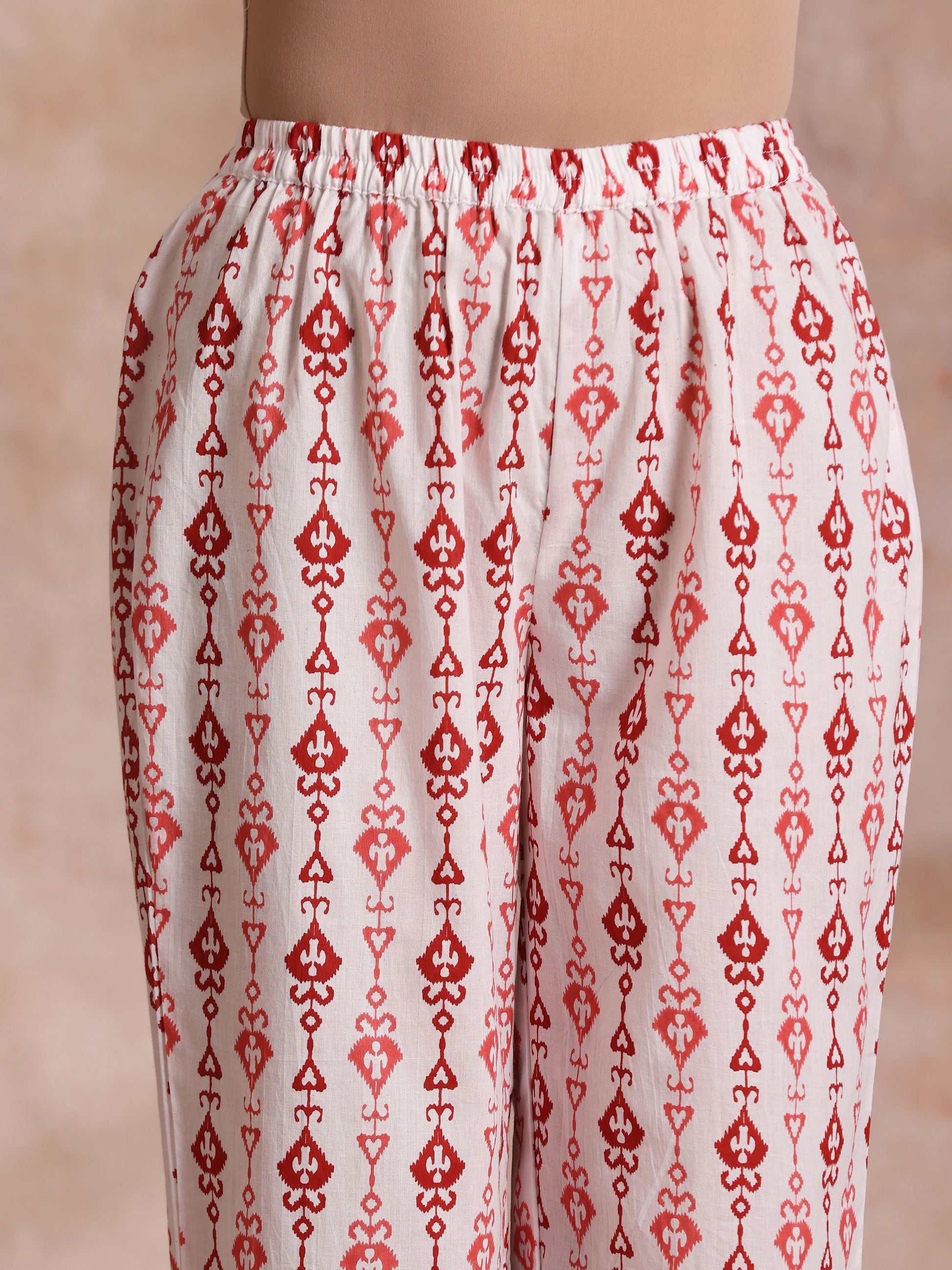 trueBrowns Red On Red Ikat Print Cotton Kurta Pant Set | Swadesiicart