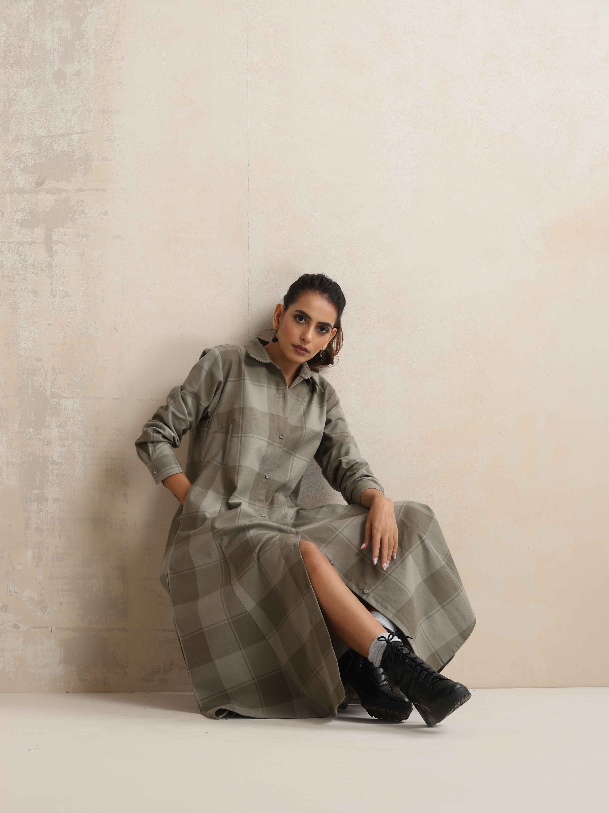 trueBrowns Green Check Flared Winter Dress | Swadesiicart