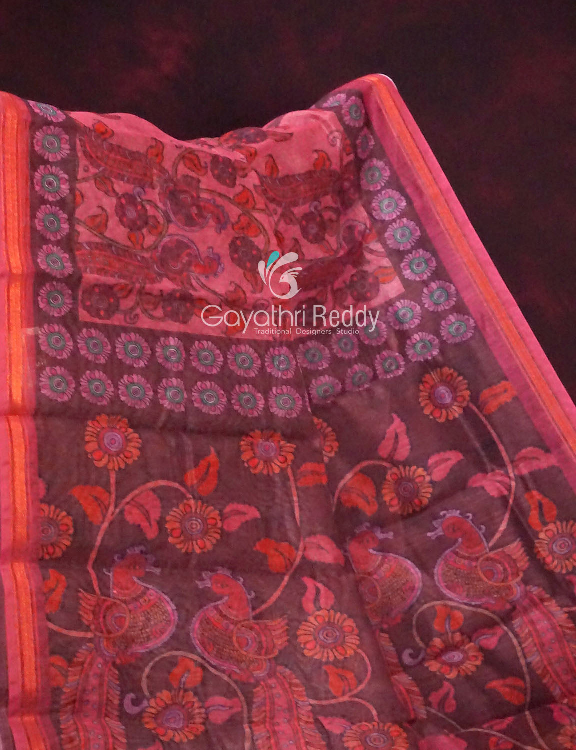 Combination Of Tomato Pink And Rust Mix With Kalamkari Design Semi Chanderi Saree By Gayathri Reddy Designer Studio | Swadesiicart