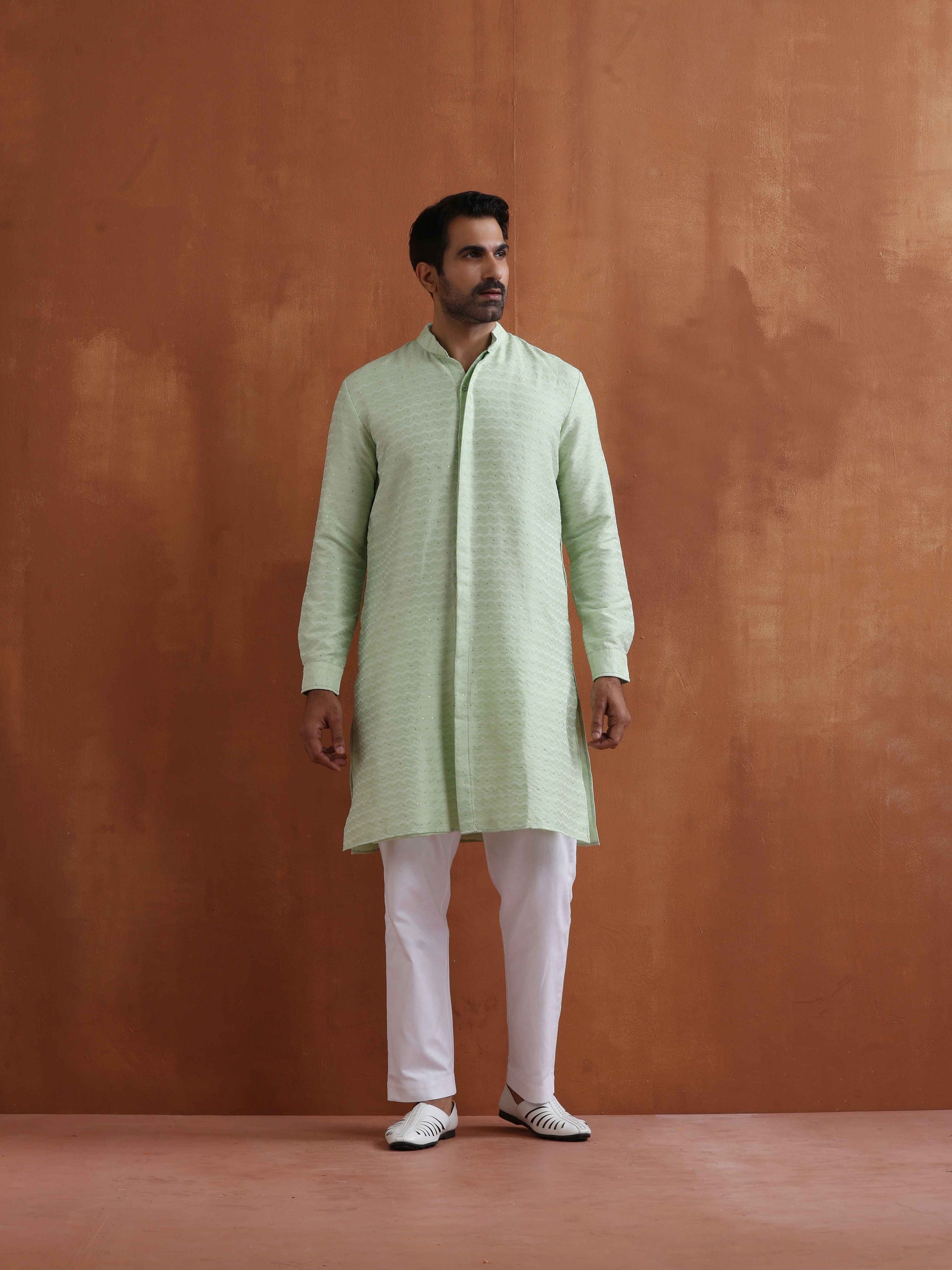trueBrowns Men's Green Sequin Chanderi Kurta | Swadesiicart