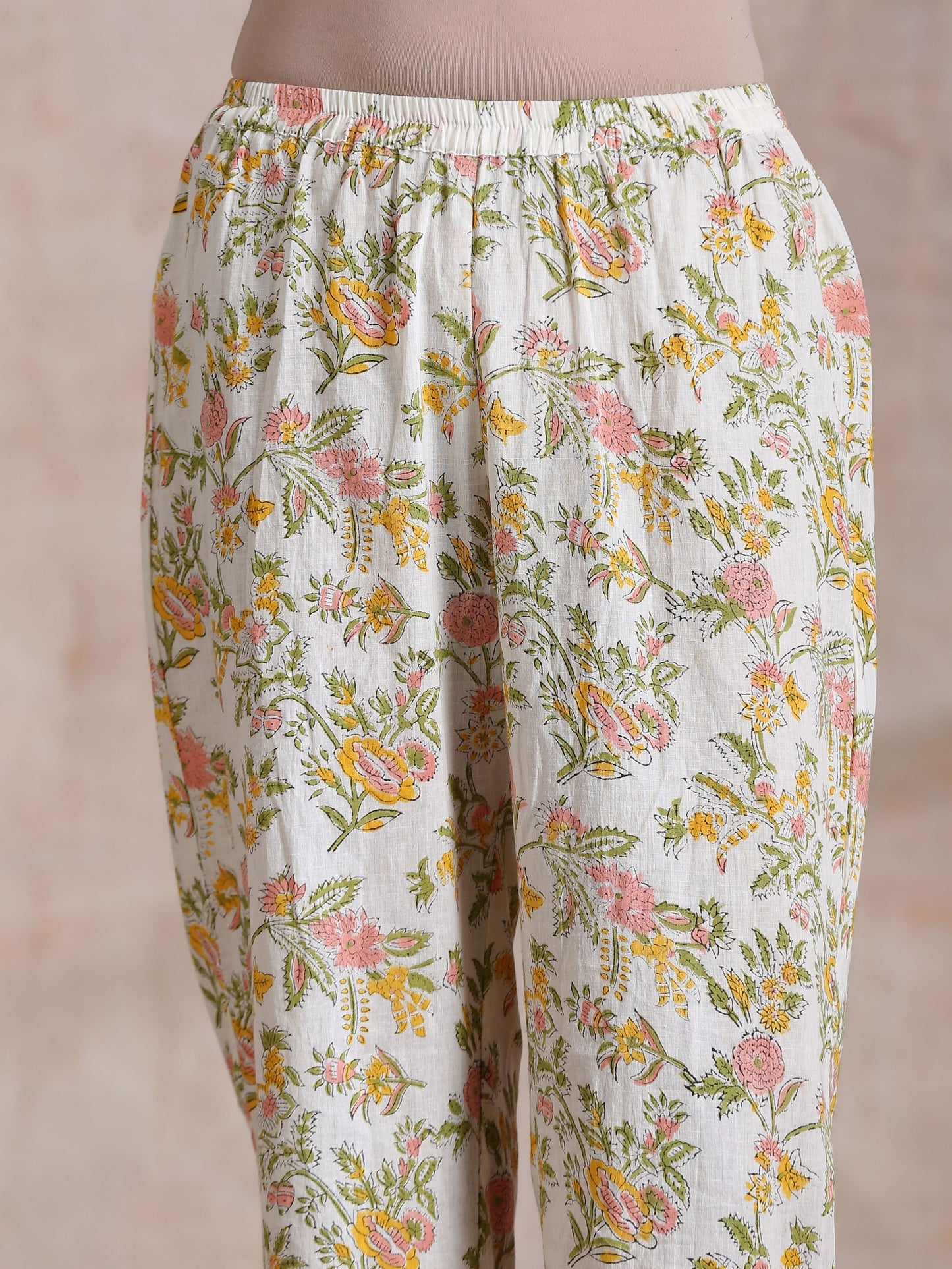 trueBrowns Pink Yellow Floral On White Block Print Cotton Panel Kaftan Kurta Pant Set | Swadesiicart