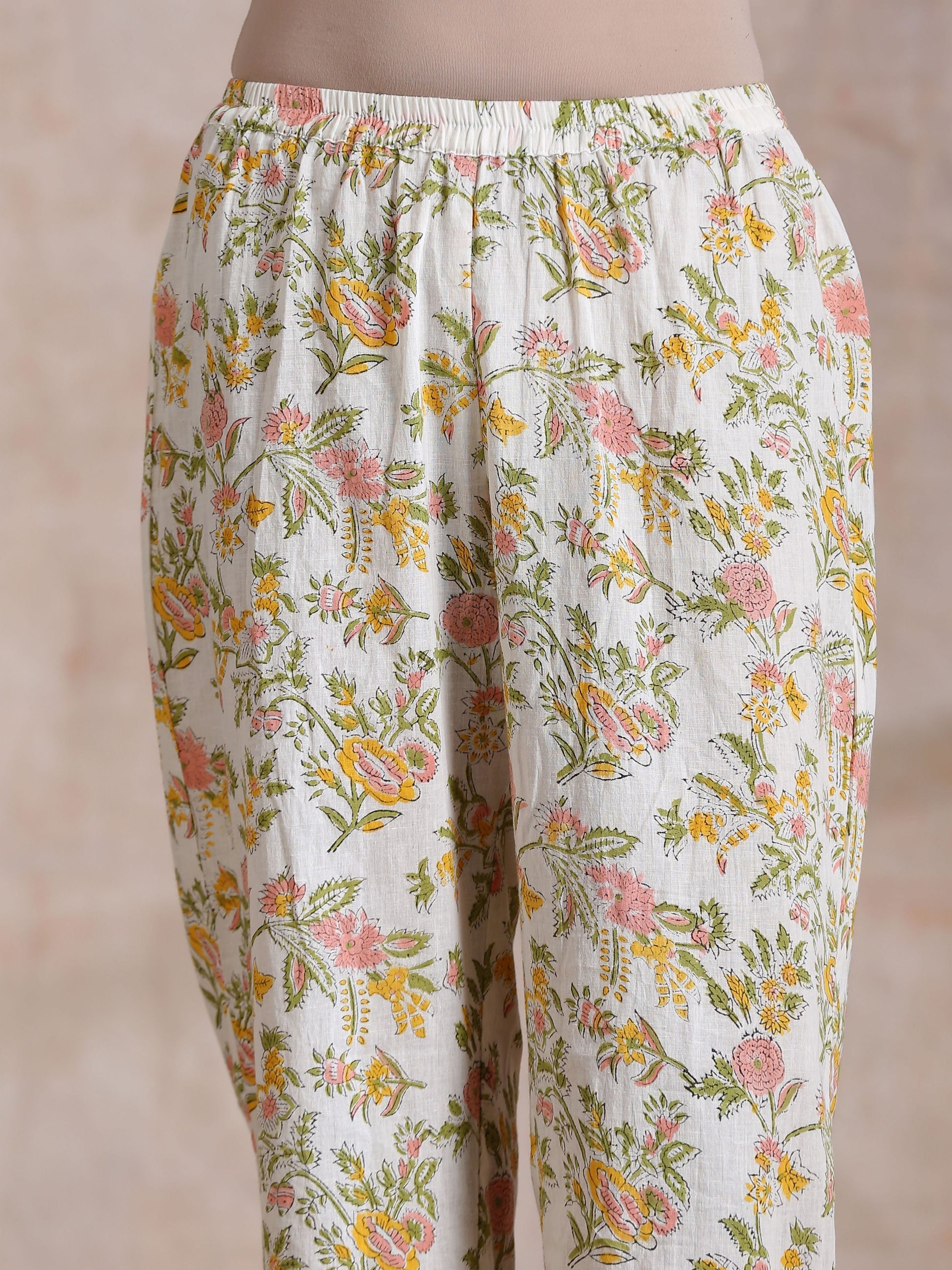 trueBrowns Pink Yellow Floral On White Block Print Cotton Panel Kaftan Kurta Pant Set | Swadesiicart