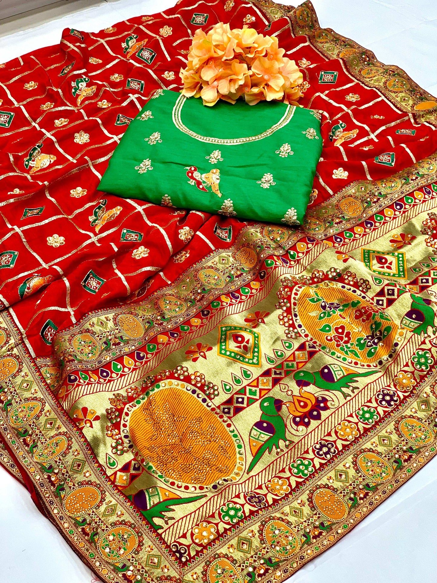 Lorenvalley Fashion Premium Red Vichitra Silk Embroidery and Diamond work Both Side Saree - Swadesiicart