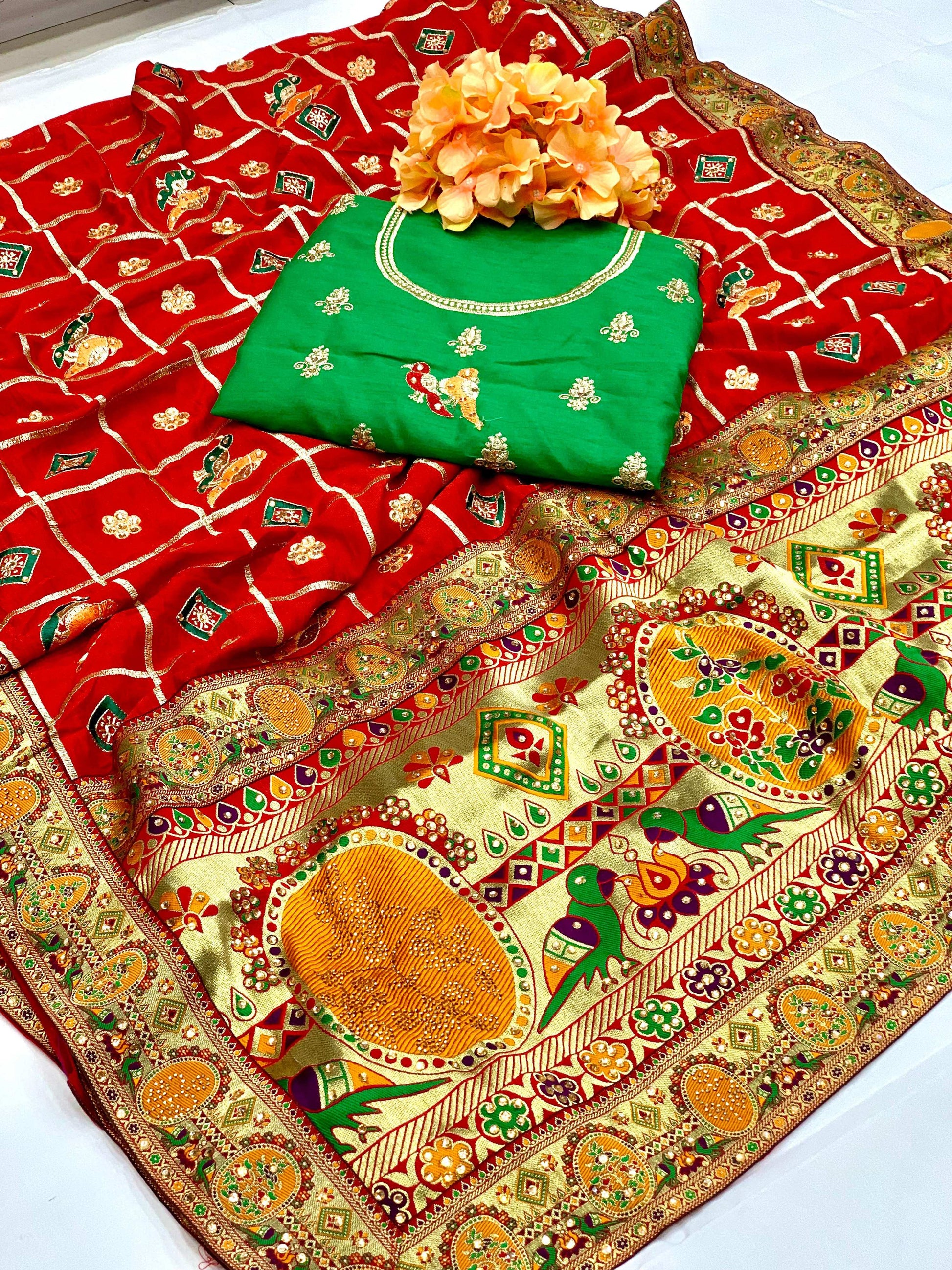 Lorenvalley Fashion Premium Red Vichitra Silk Embroidery and Diamond work Both Side Saree - Swadesiicart