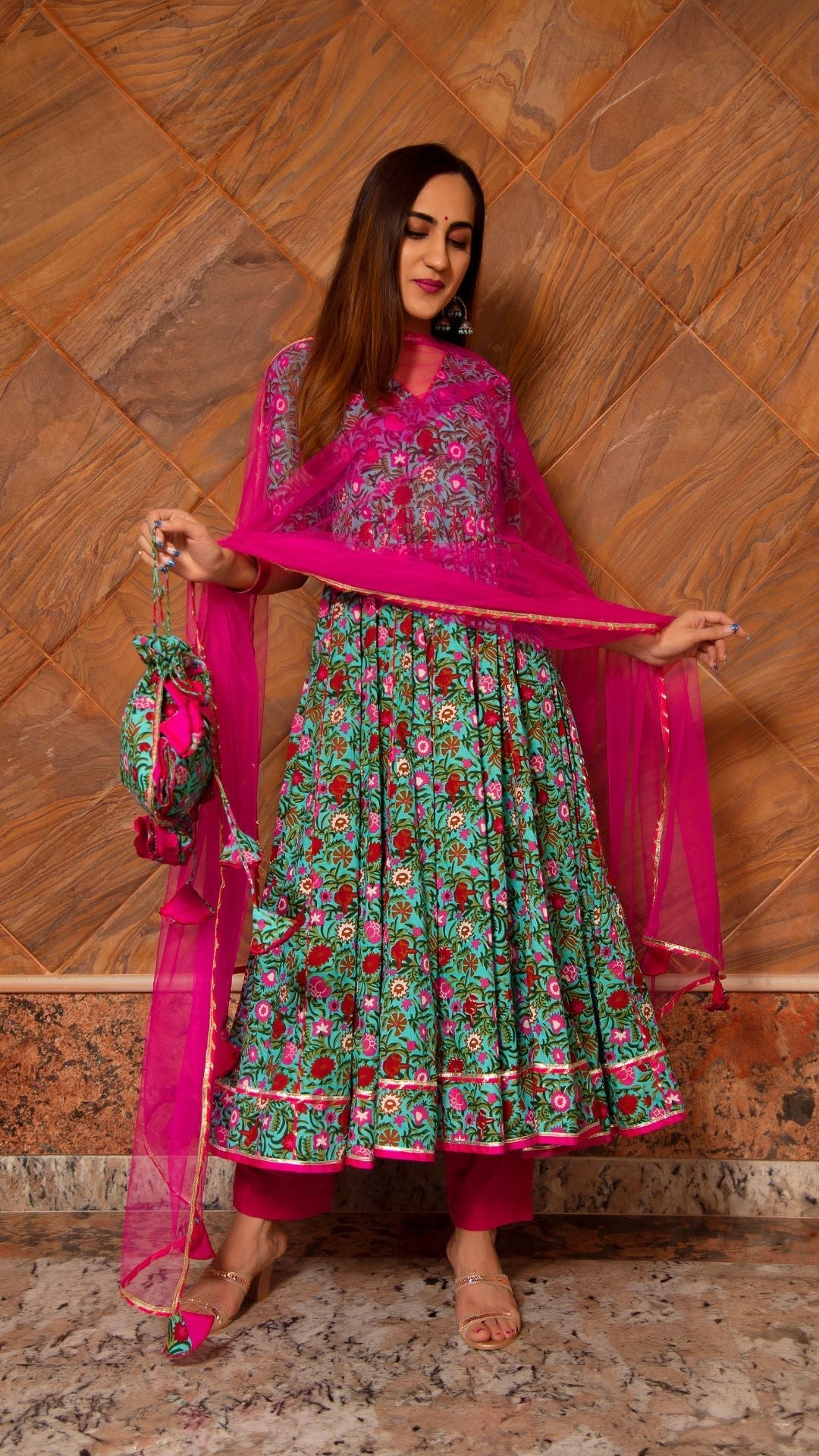 Pomcha Jaipur Surangi Kalidar Cotton Anarkali Set | Swadesiicart