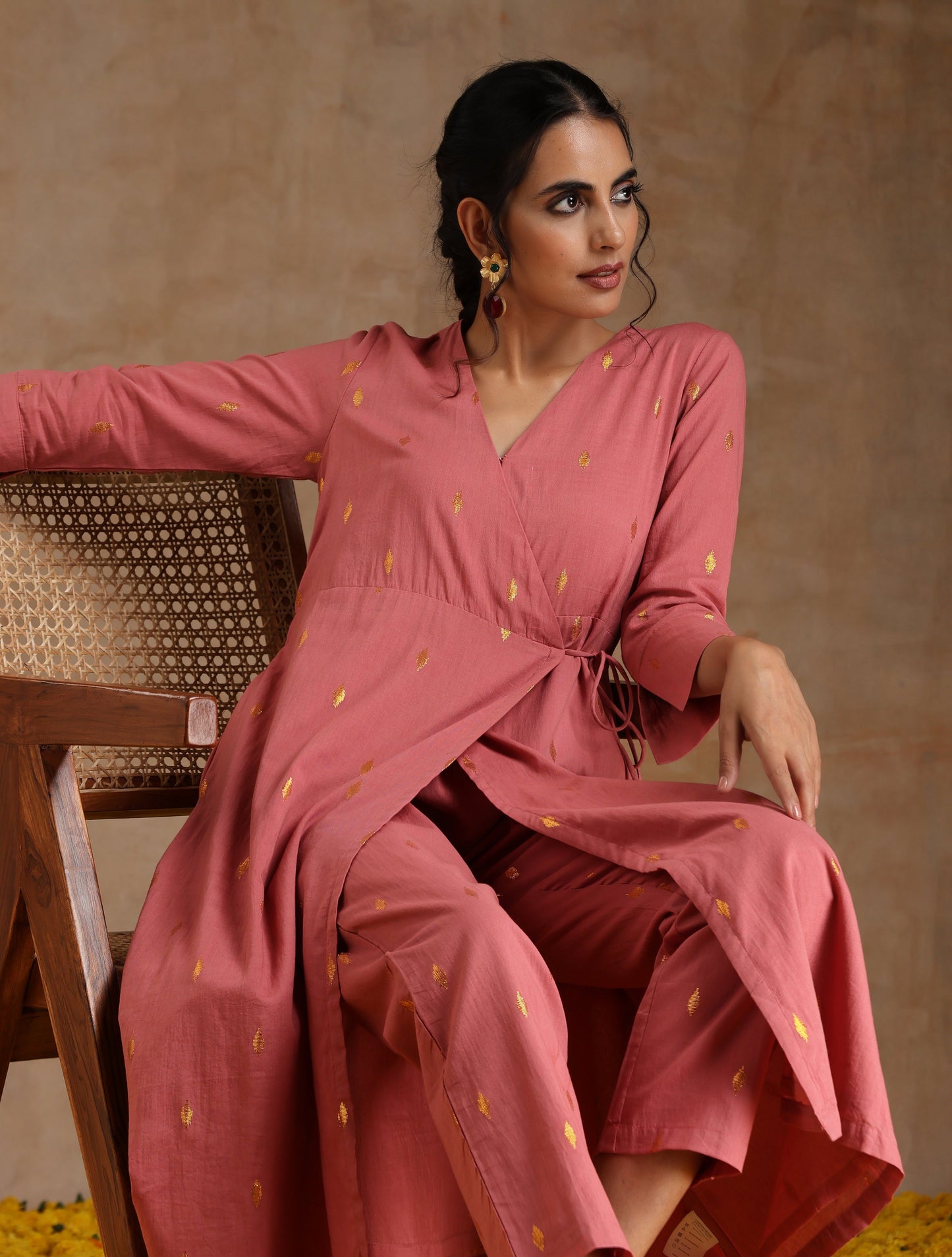 trueBrowns Blush Gold Cotton Angrakha Kurta Set | Swadesiicart
