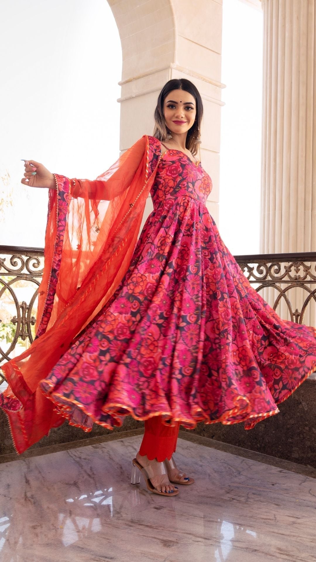 Pomcha Jaipur Tara Orange Printed Anarkali Set | Swadesiicart