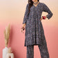 InWeave Navy Maroon Ajrakh Foil V Neck Kurta Pant Set - Swadesiicart