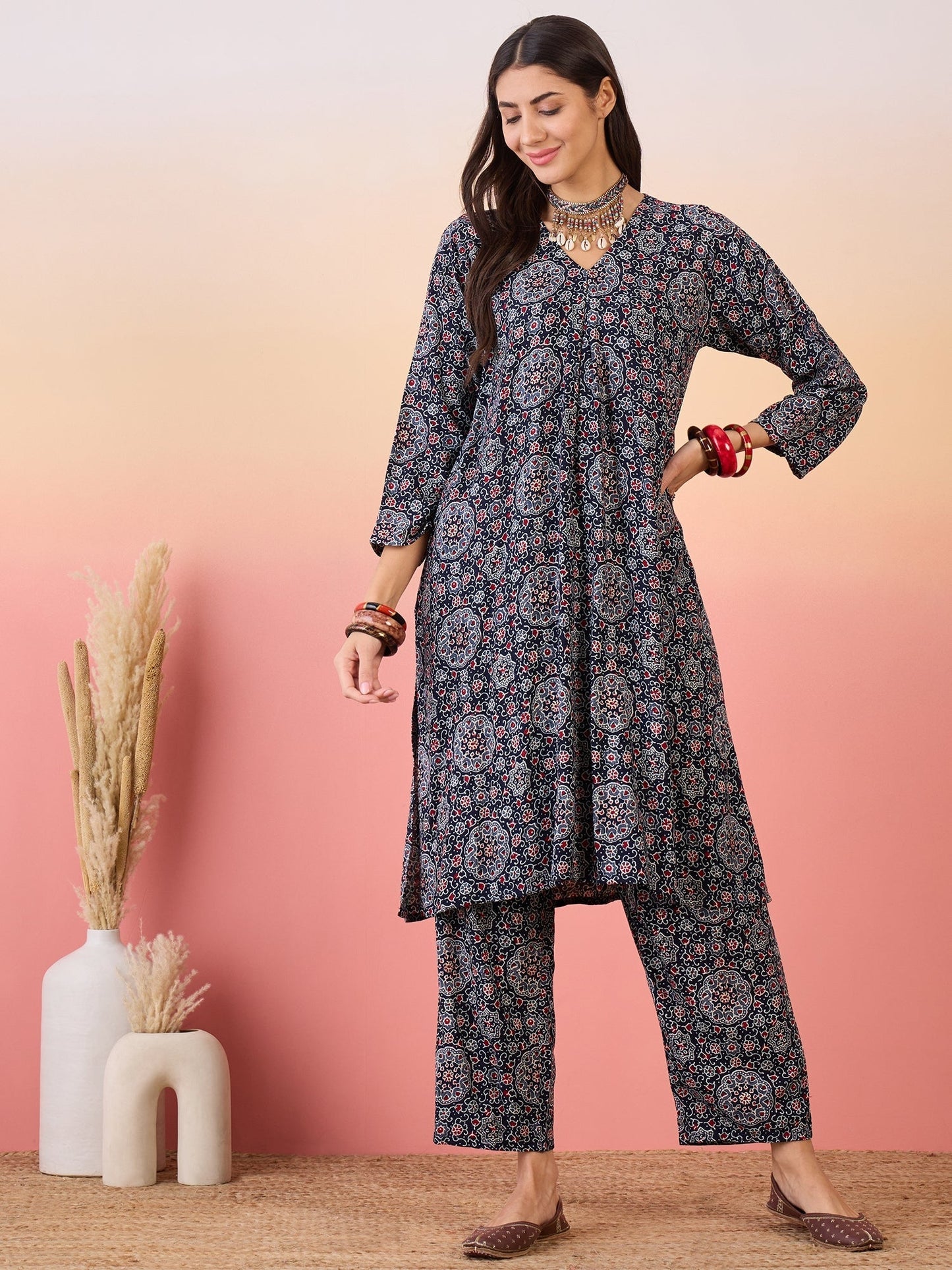 InWeave Navy Maroon Ajrakh Foil V Neck Kurta Pant Set - Swadesiicart