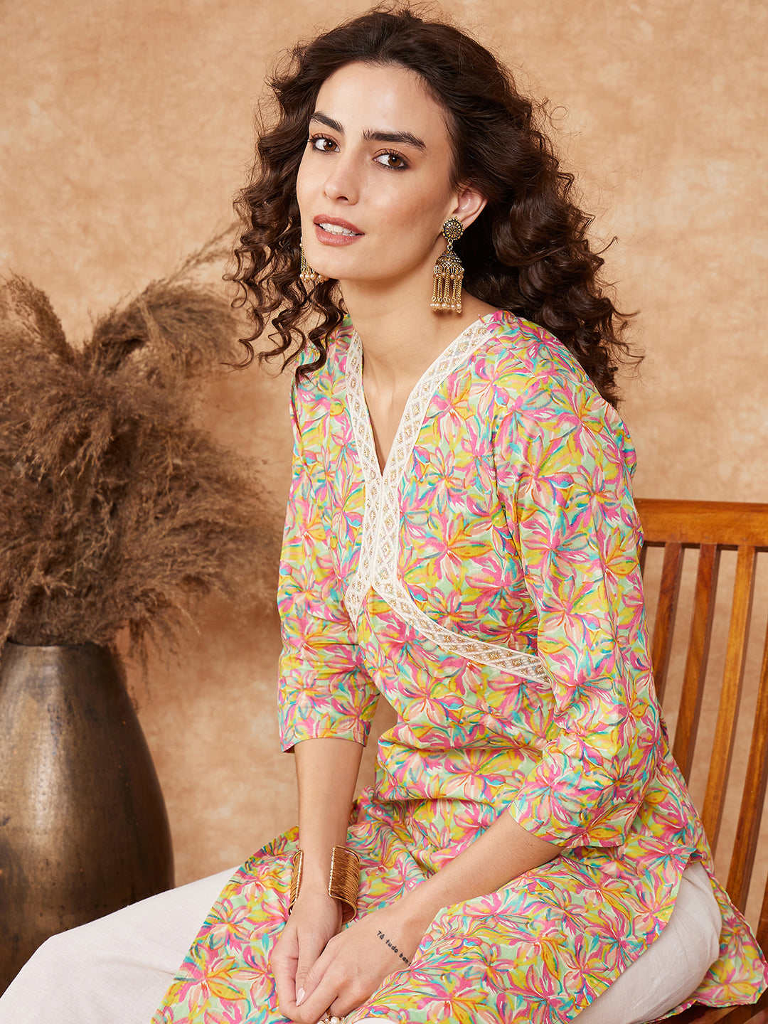 InWeave Women's Multi Floral Painted Alia Lace Work Straight Kurta - Swadesiicart