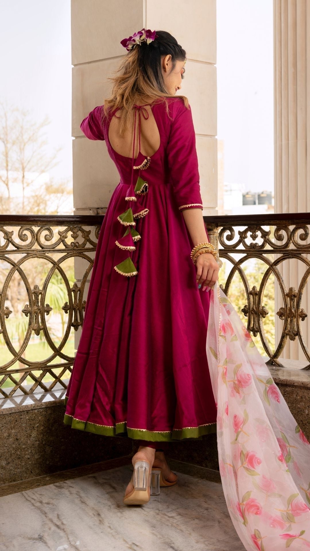 Pomcha Jaipur Magenta Lilly Anarkali Set | Swadesiicart