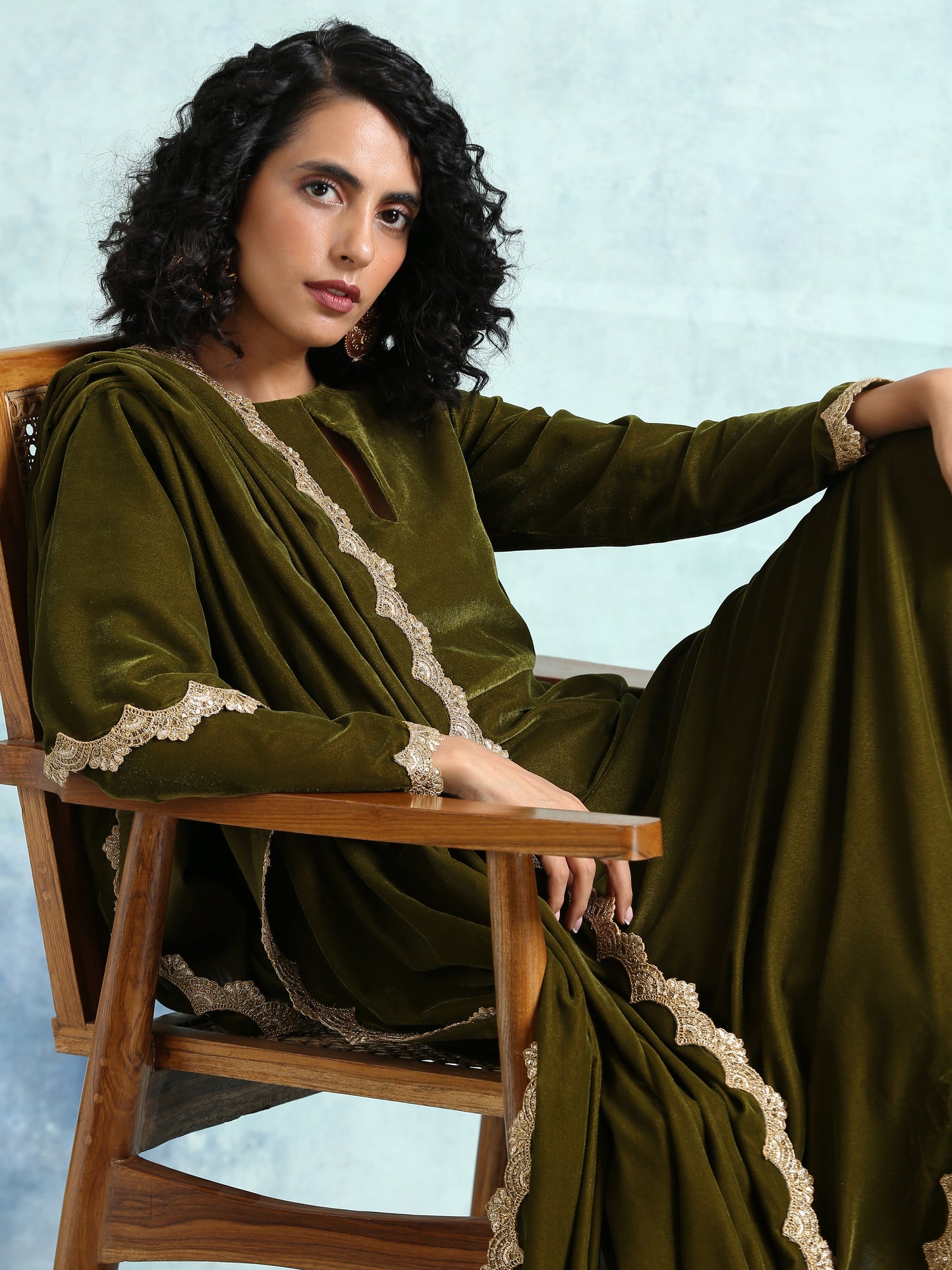 trueBrowns Mehandi Velvet Anarkali Kurta | Swadesiicart