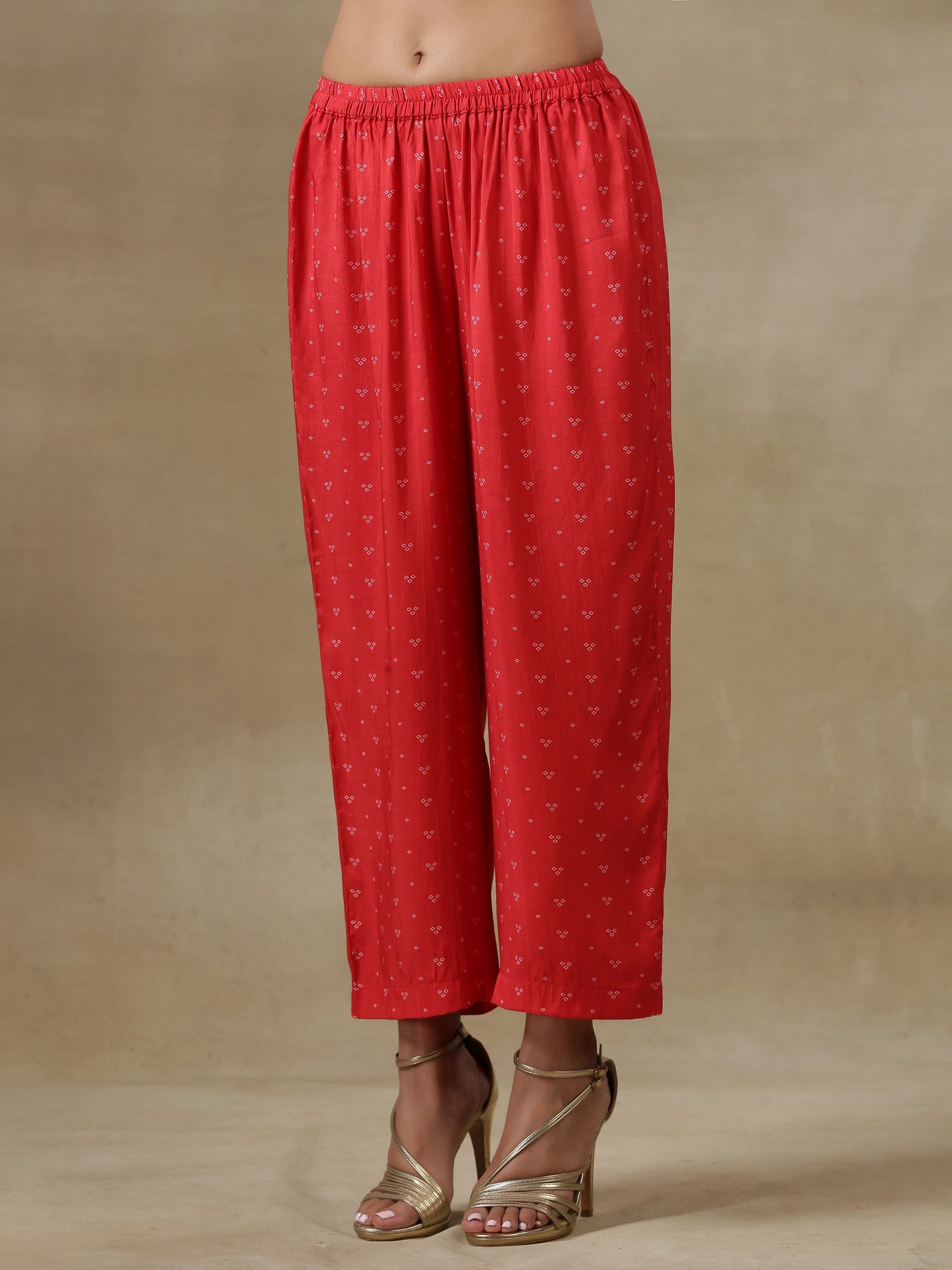 trueBrowns Red Bandhani Printed Silk Kaftan Gathered Co-Ord Set - Swadesiicart