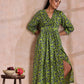 trueBrowns Lime Green Overall Blue Floral Block Print Cotton Wrap Dress | Swadesiicart