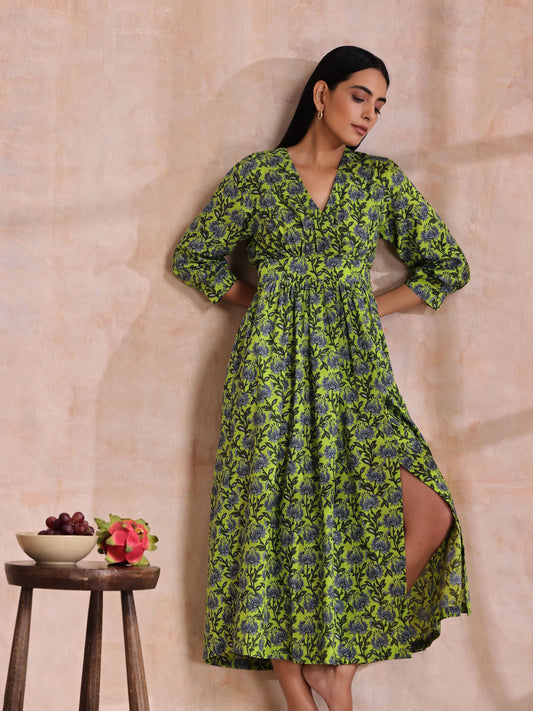 trueBrowns Lime Green Overall Blue Floral Block Print Cotton Wrap Dress | Swadesiicart