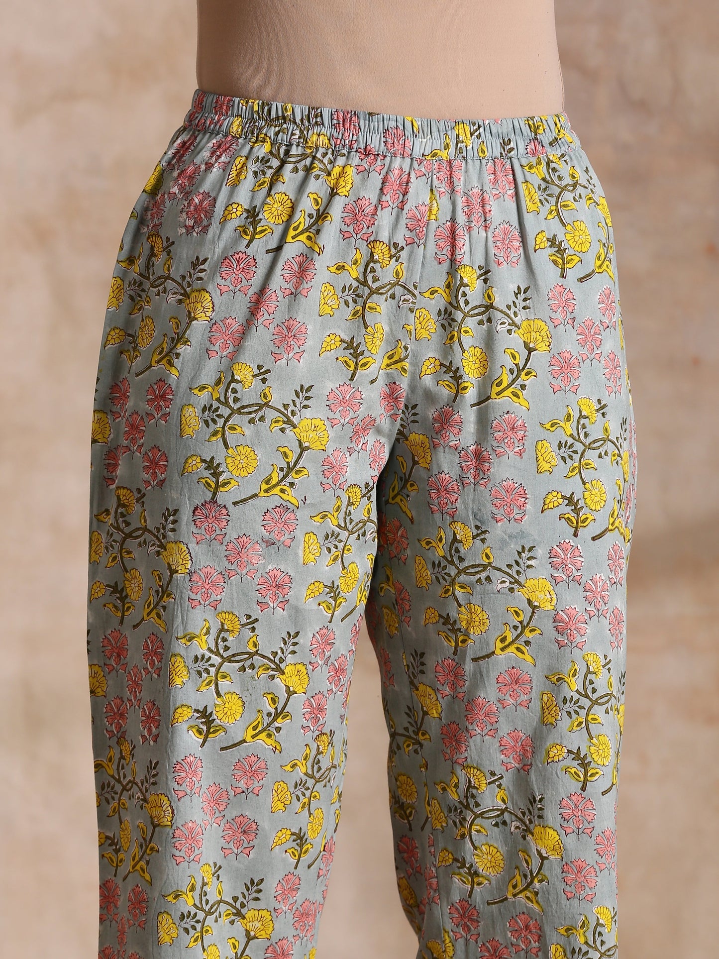 trueBrowns Grey Overall Floral Block Print Cotton Angrakha Kurta Pant Set | Swadesiicart