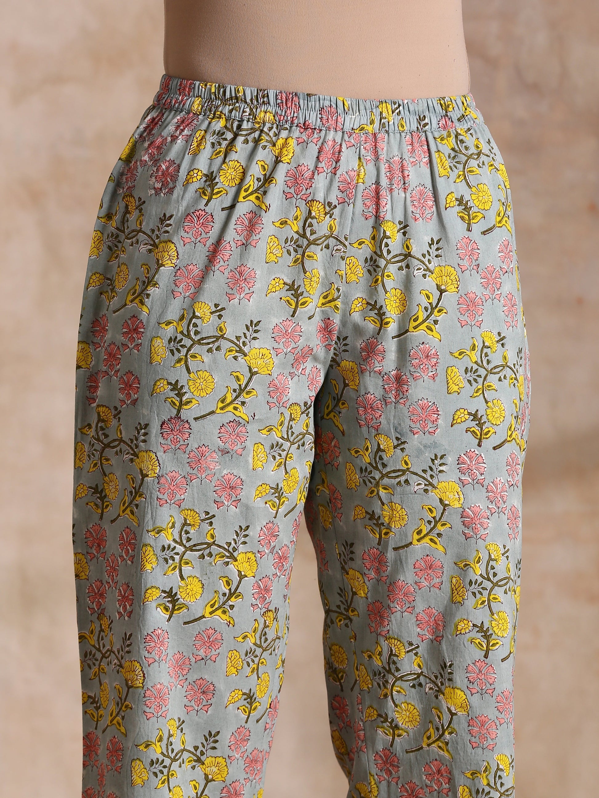 trueBrowns Grey Overall Floral Block Print Cotton Angrakha Kurta Pant Set | Swadesiicart