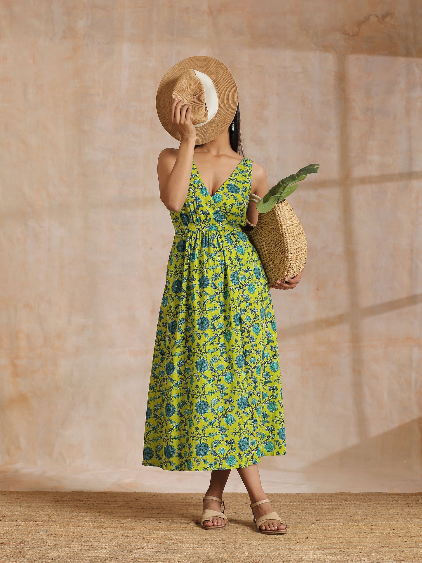 trueBrowns Lime Green Overall Teal Floral Block Print Cotton Sleeveless Wrap Dress | Swadesiicart