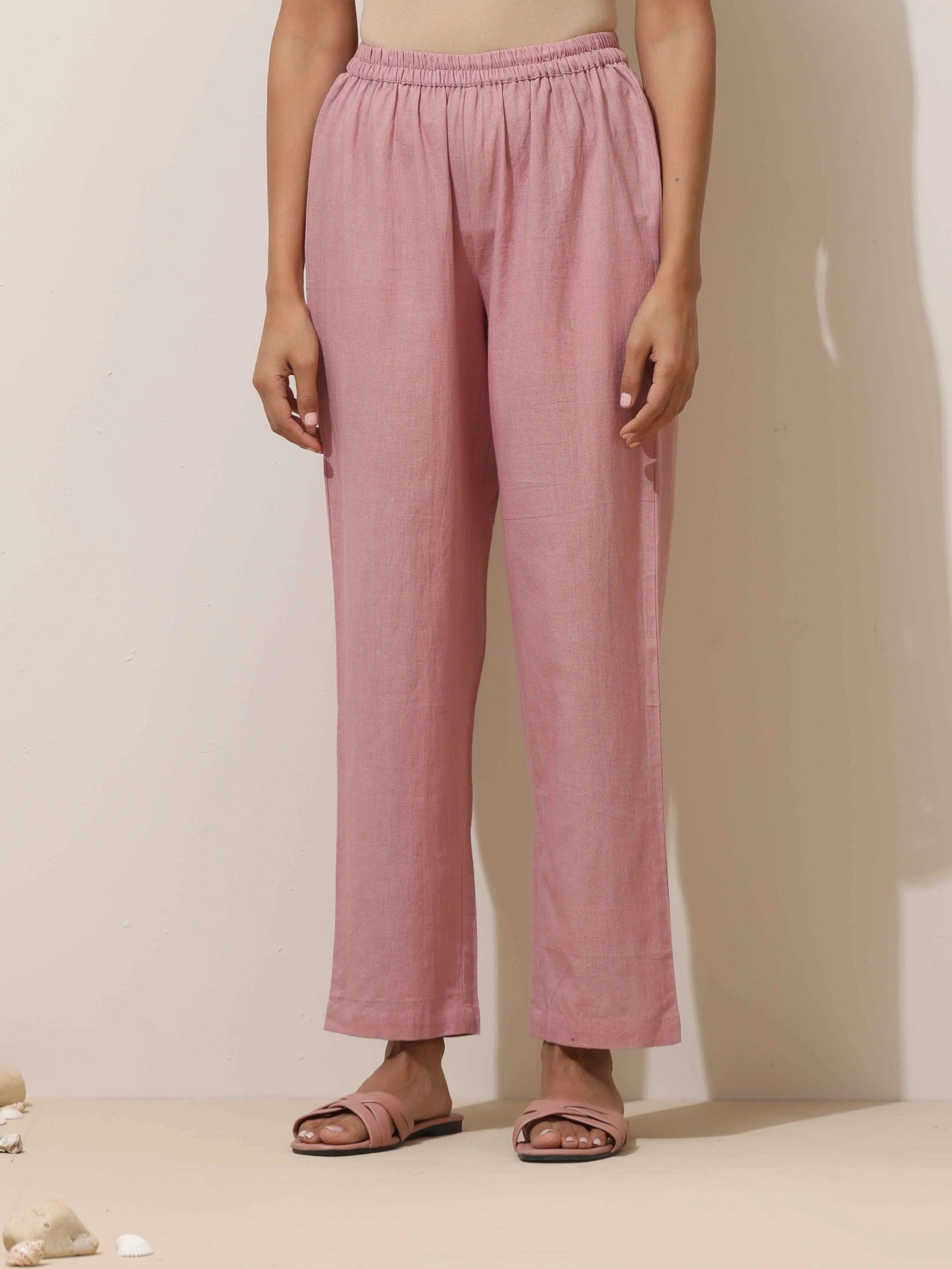 trueBrowns Pink Cotton Linen Kurta Pant Set | Swadesiicart