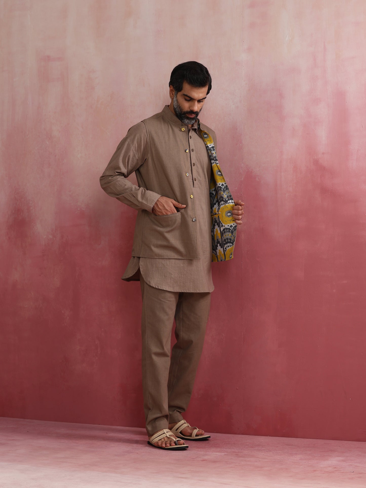trueBrowns Men's Grey Ikat Print Cotton Reversible Nehru Jacket | Swadesiicart