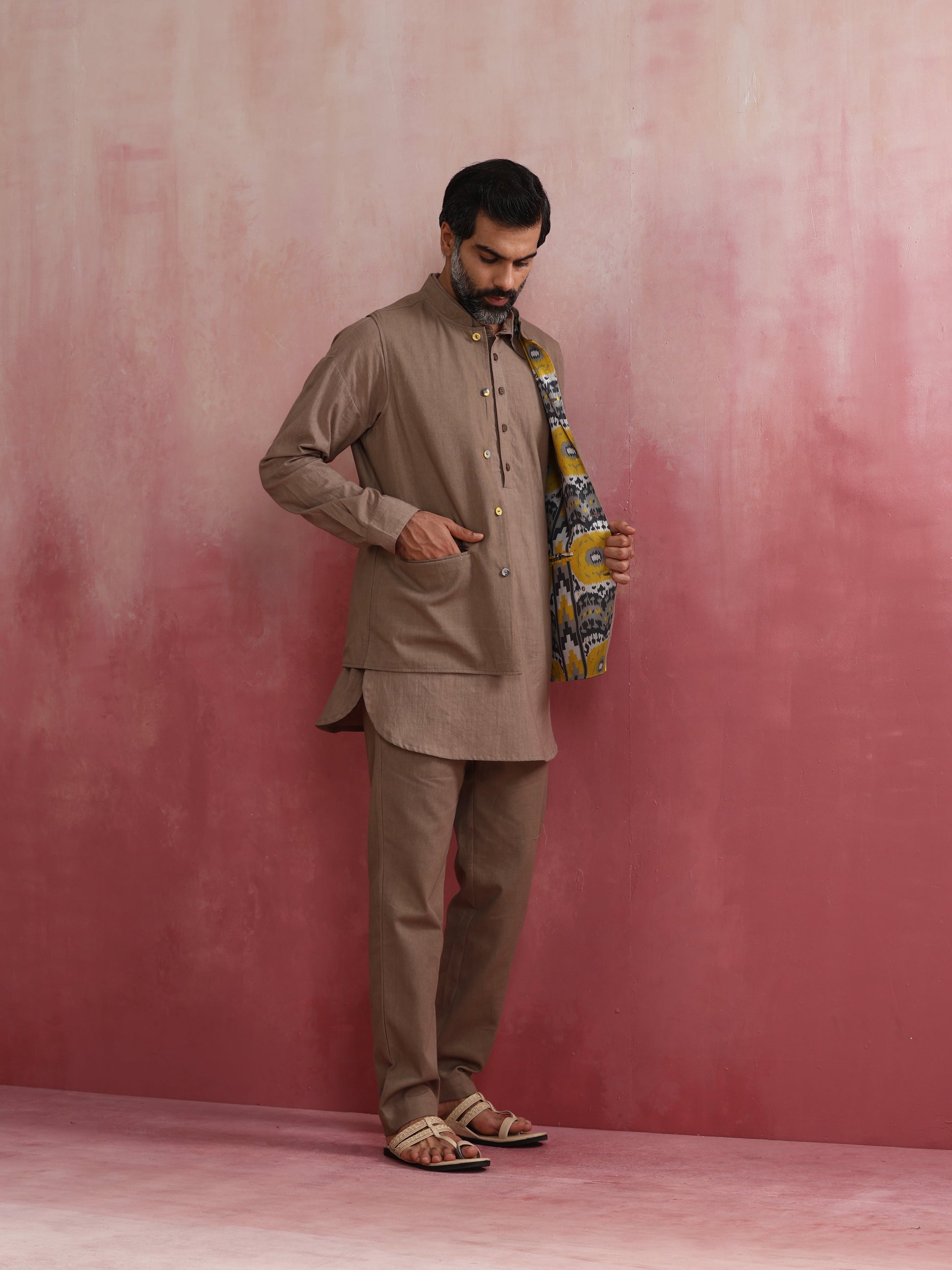 trueBrowns Men's Grey Ikat Print Cotton Reversible Nehru Jacket | Swadesiicart
