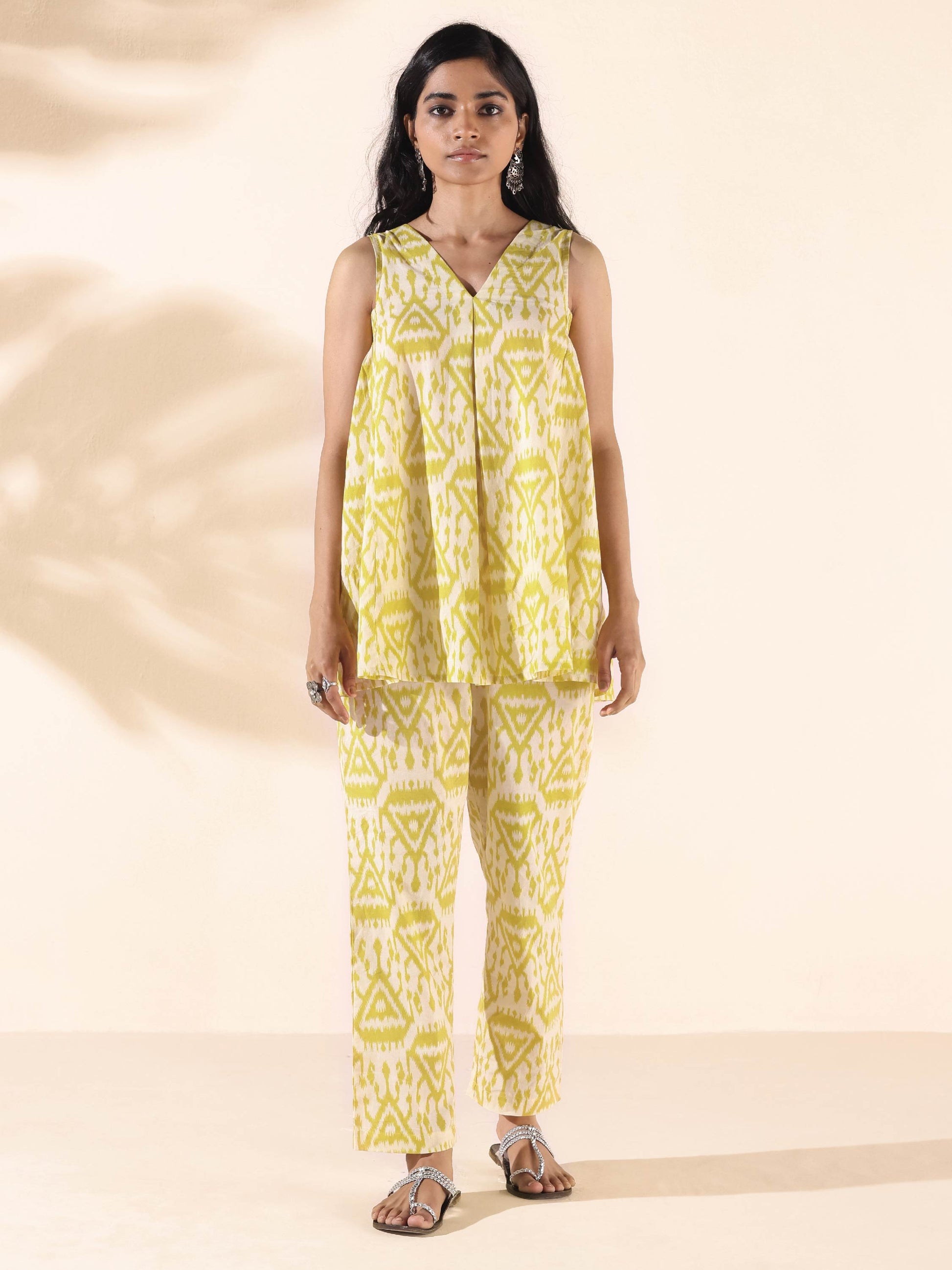 trueBrowns Lime Cotton Ikat Sleeveless Co-ord Set - Swadesiicart