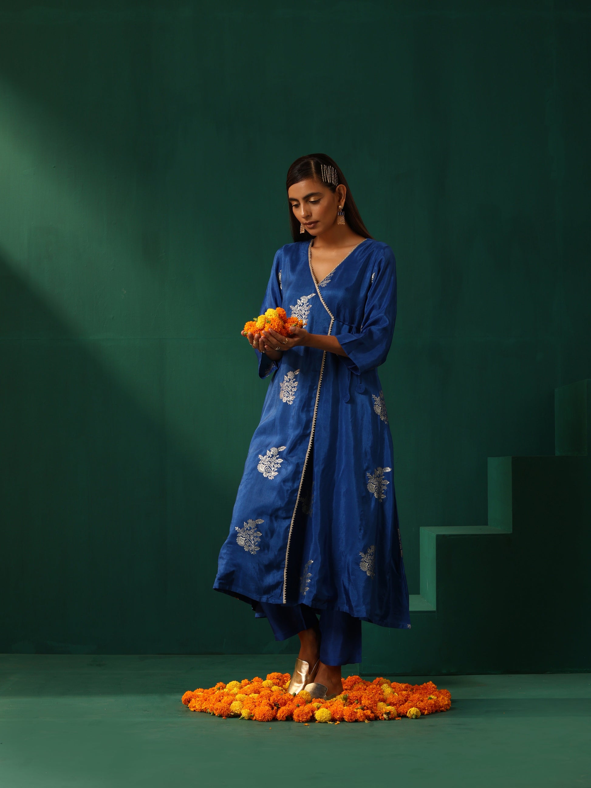 trueBrowns Royal Blue Floral Viscose Silk Angrakha Kurta Pant Set | Swadesiicart